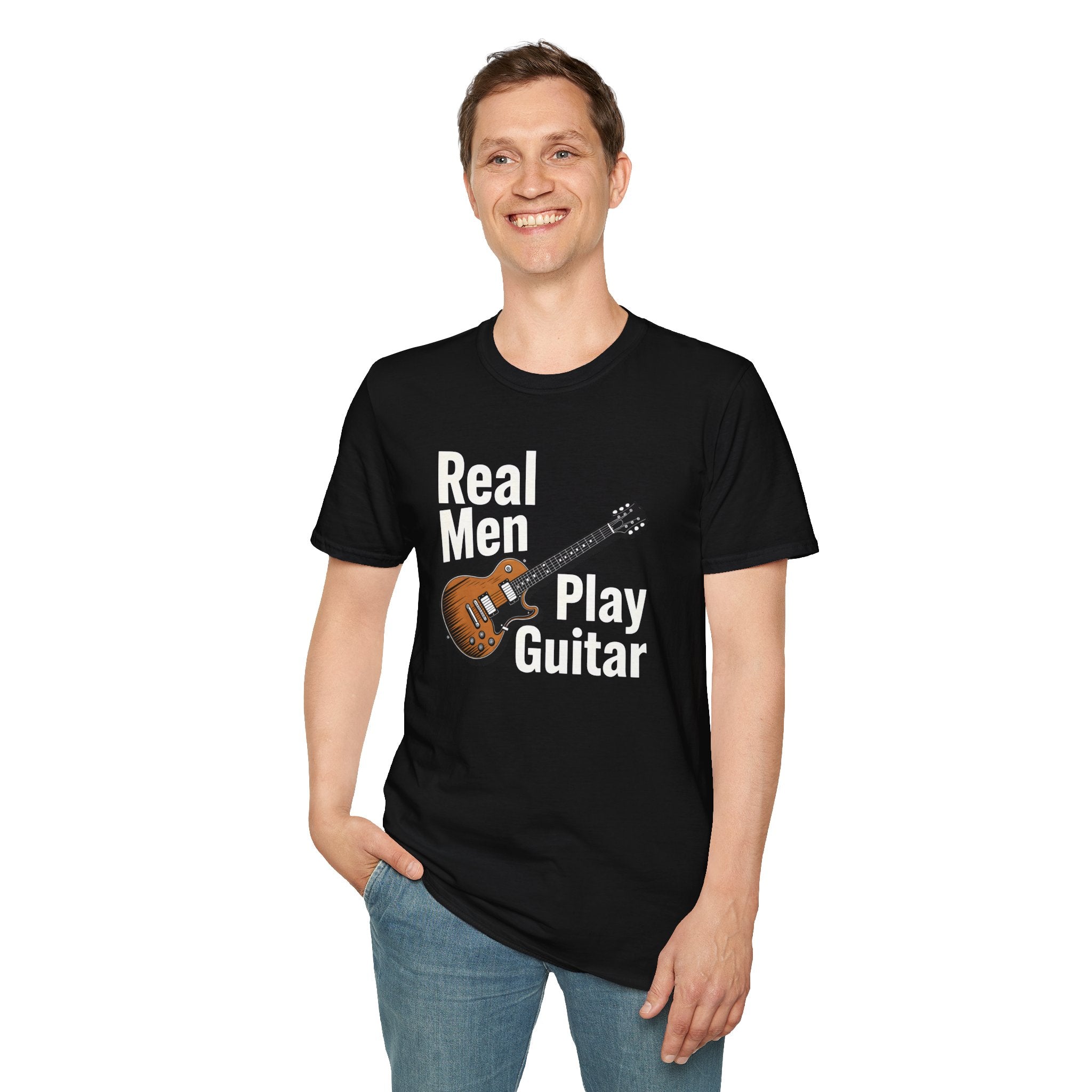 Person wearing a black t-shirt with 'Real Men Play Guitar' text and guitar graphic on a white background