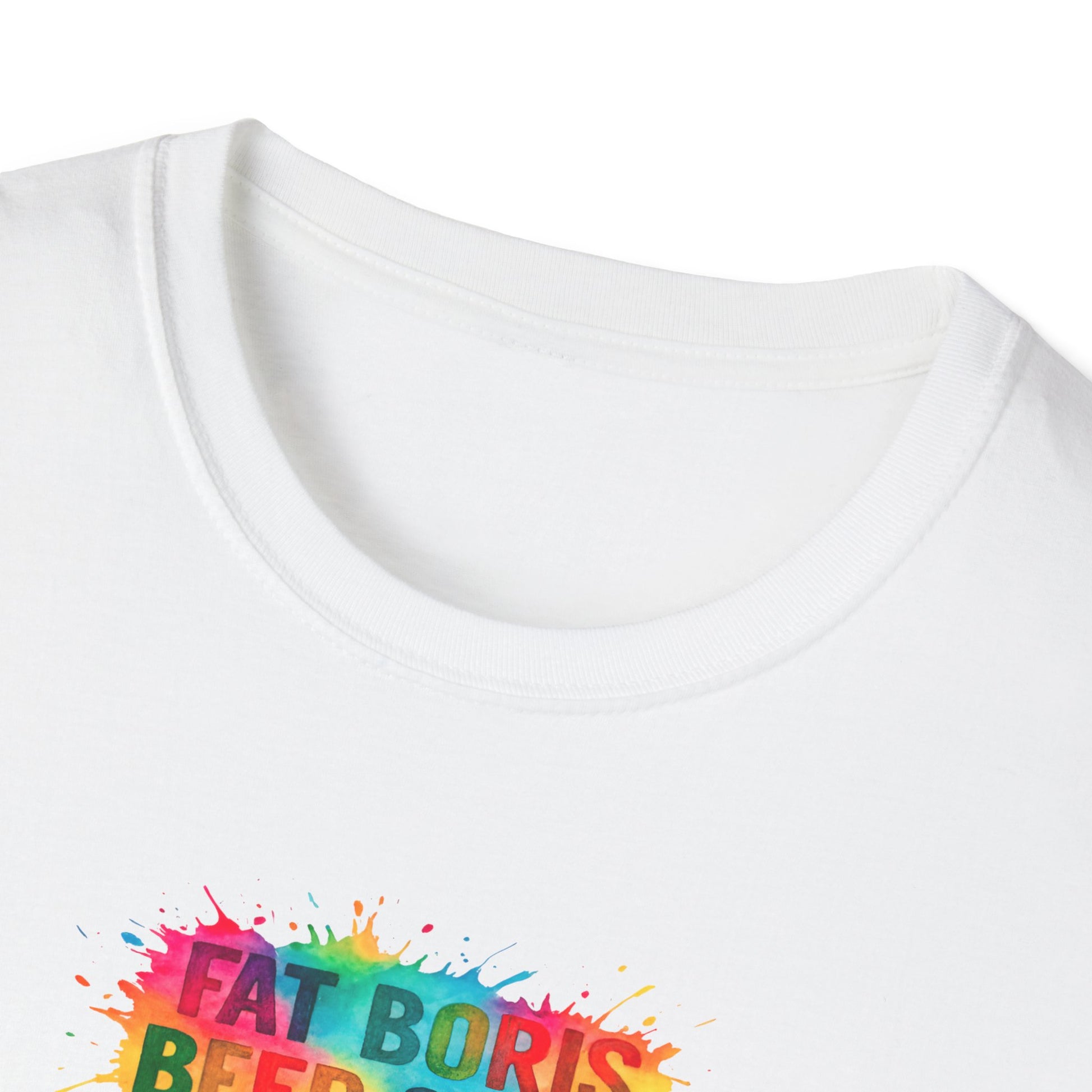 Close collar view Fat Boris Beer Shed T-Shirt — Funny Beer Drinker Graphic Tee 