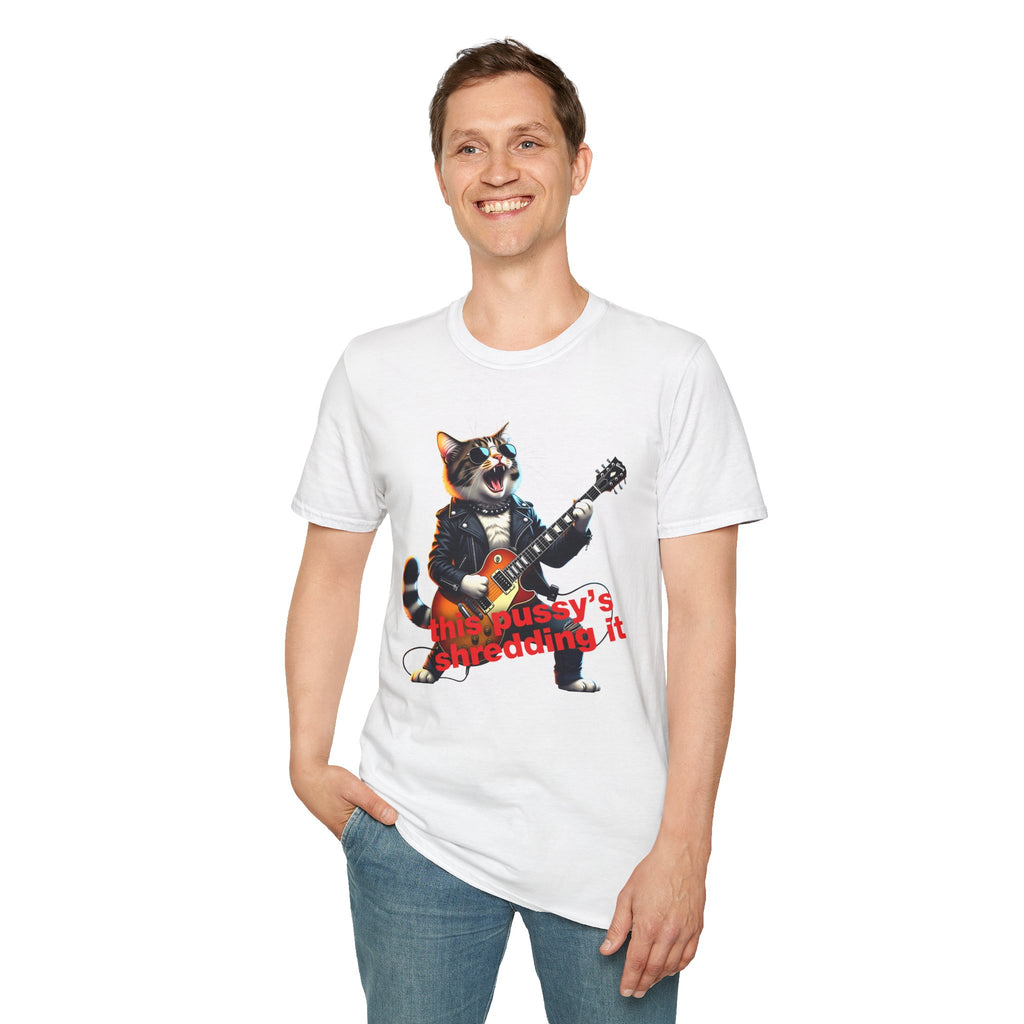 T-Shirt — Rockin' Cat Guitar Graphic "This Pussy's Shredding It" Printify