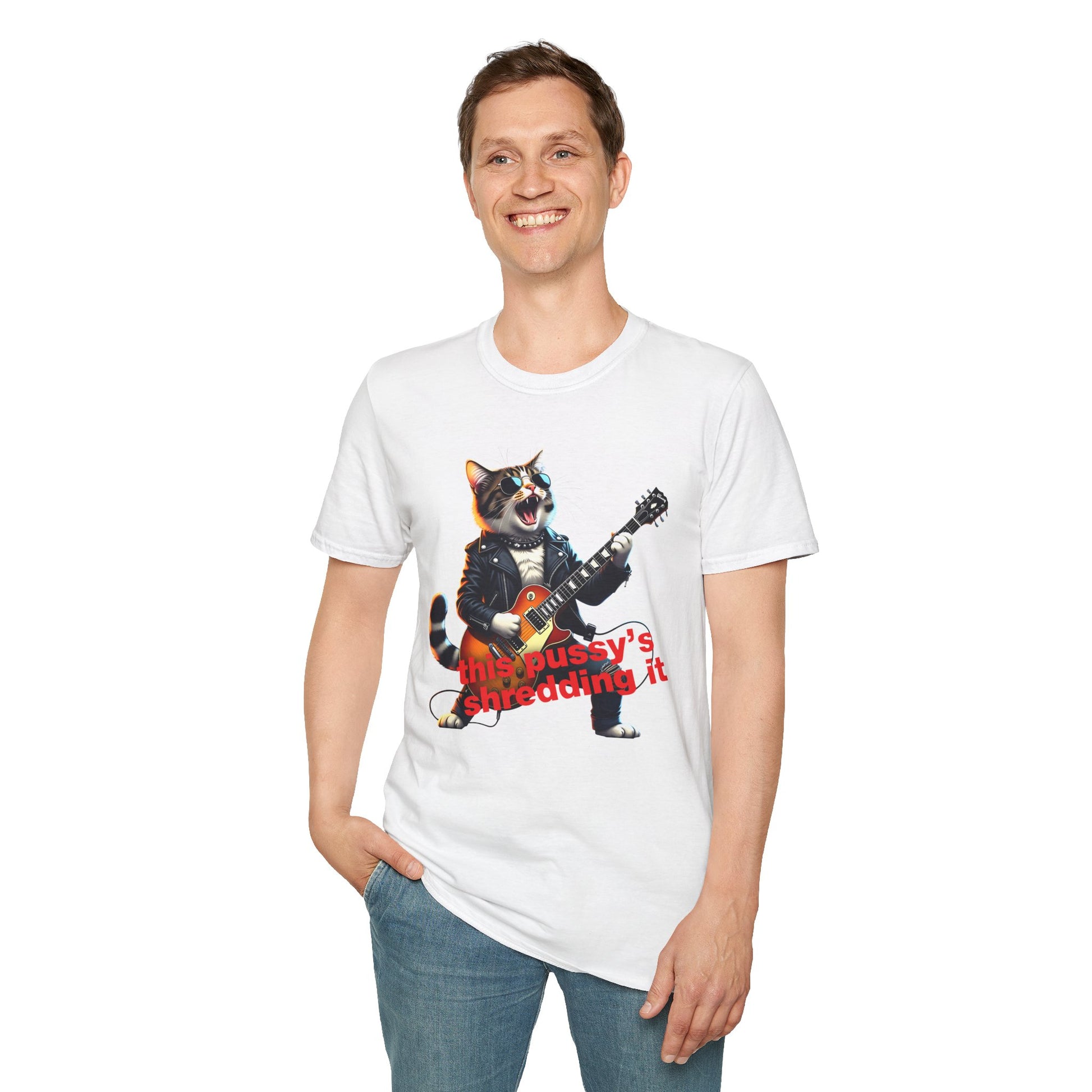 T-Shirt — Rockin' Cat Guitar Graphic "This Pussy's Shredding It" Printify