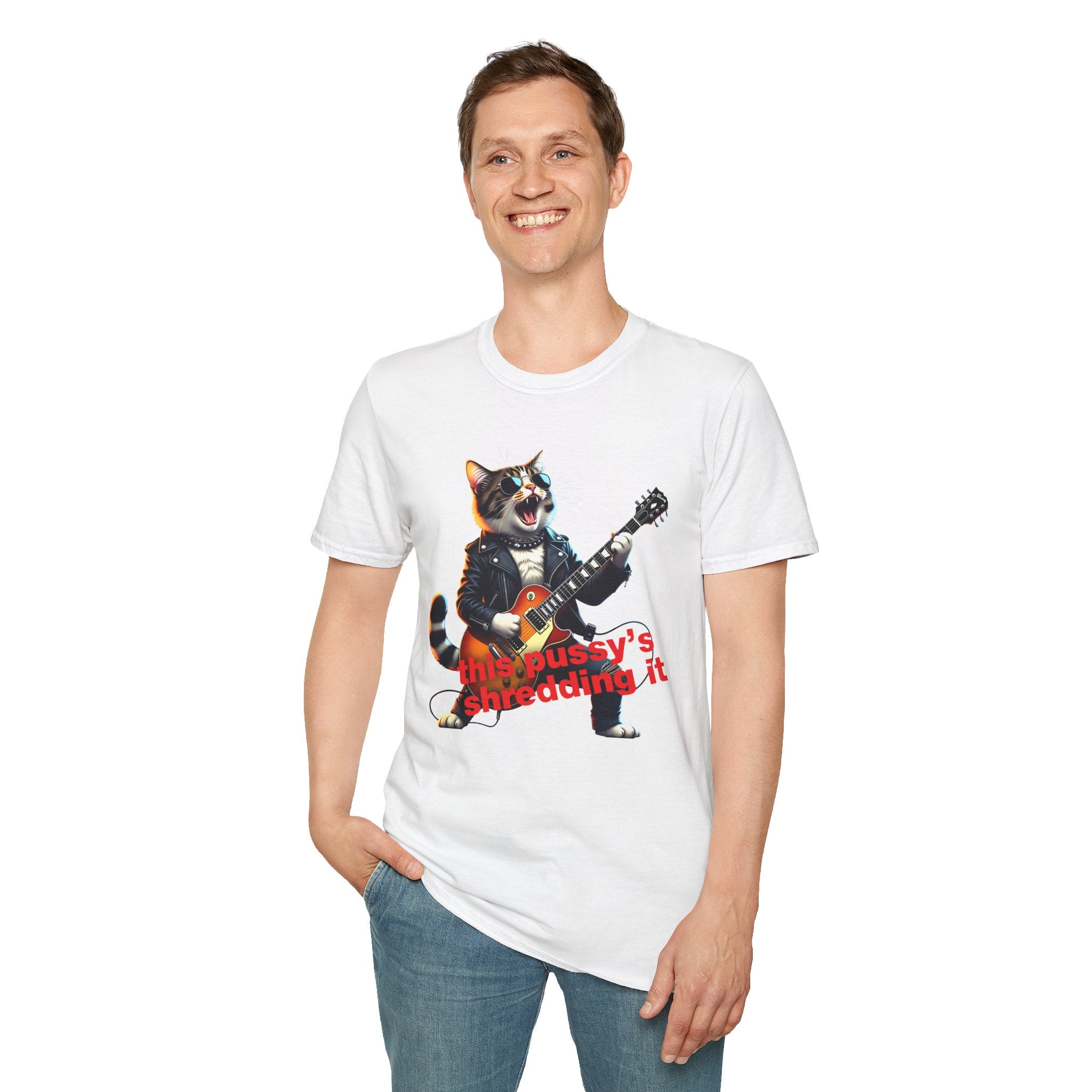 T-Shirt — Rockin' Cat Guitar Graphic "This Pussy's Shredding It" Printify