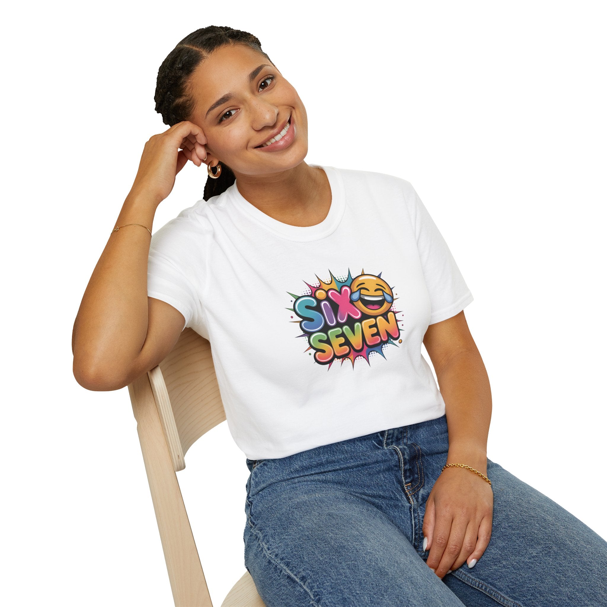 Woman wearing white Graphic Tee - 6 7 Meme with Laughing Emoji Design