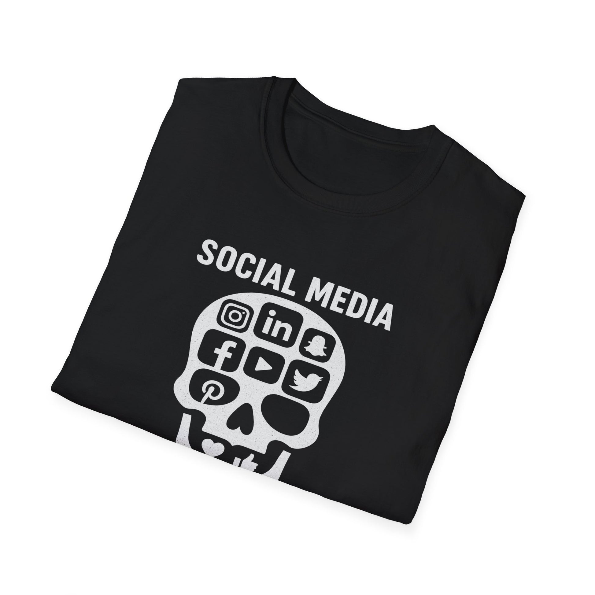 Folded   anti-social media skull design black  T-Shirt with the message 'social media kills' 