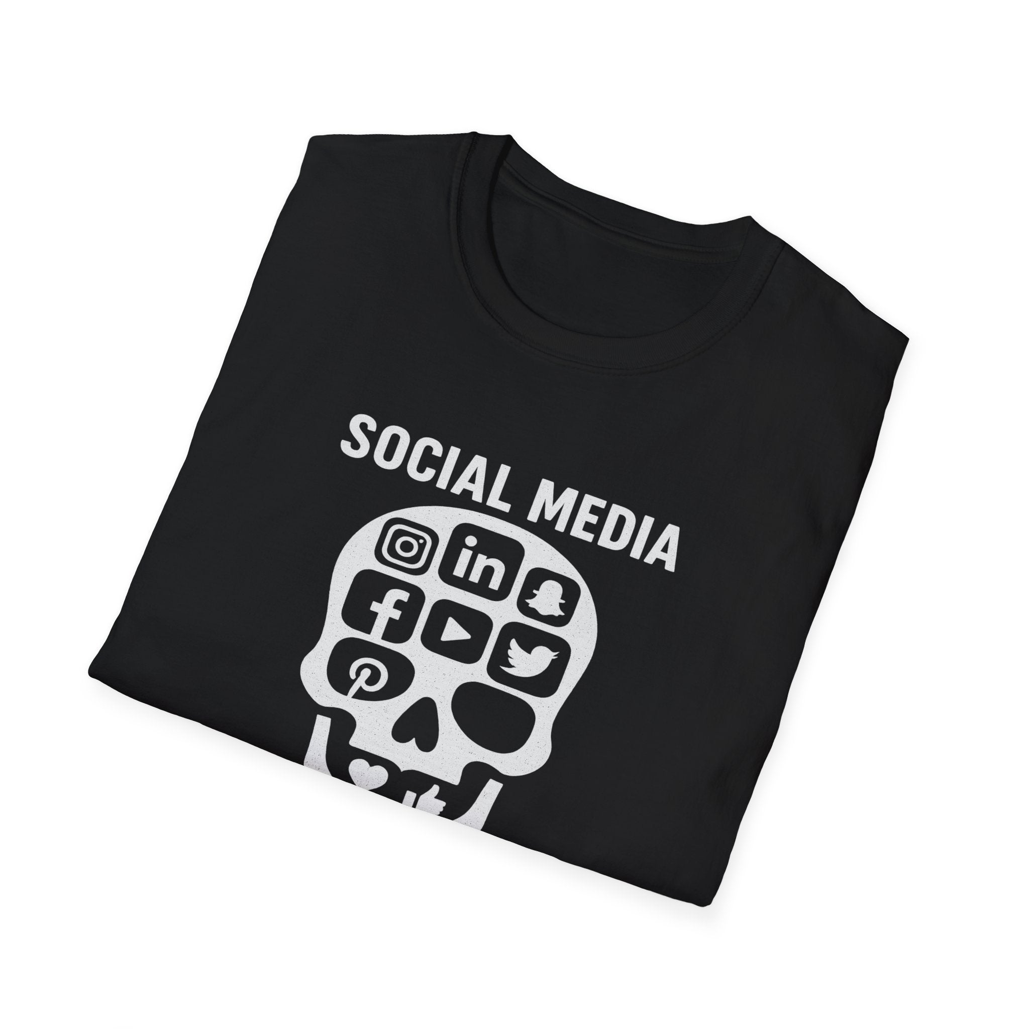Folded   anti-social media skull design black  T-Shirt with the message 'social media kills' 