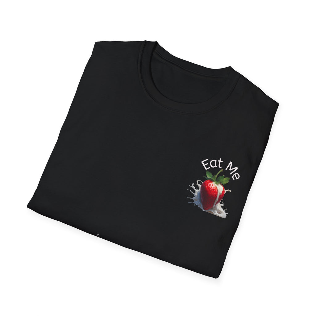 Folded black t-shirt with a strawberry graphic and 'Eat Me' text on a white background