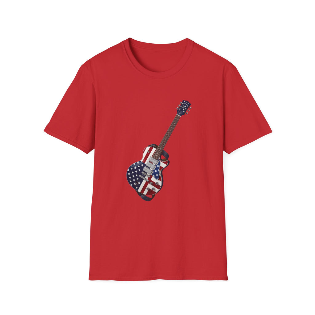 Red t-shirt with a guitar design featuring the American flag on a white background
