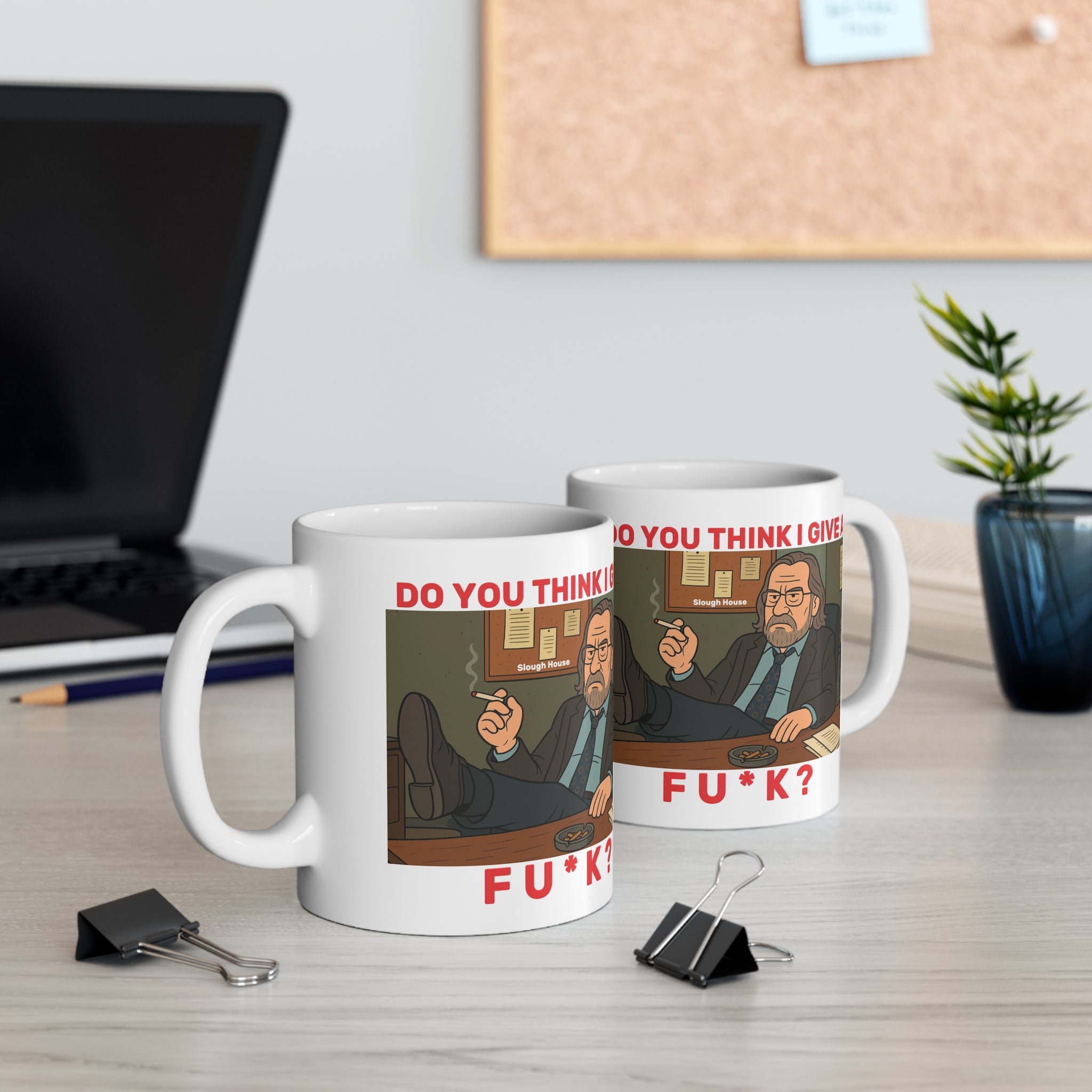 Two White Slow horses t v show themed mug with Jackson lamb graphic, and red text "do you think I give a fu*k ?" 