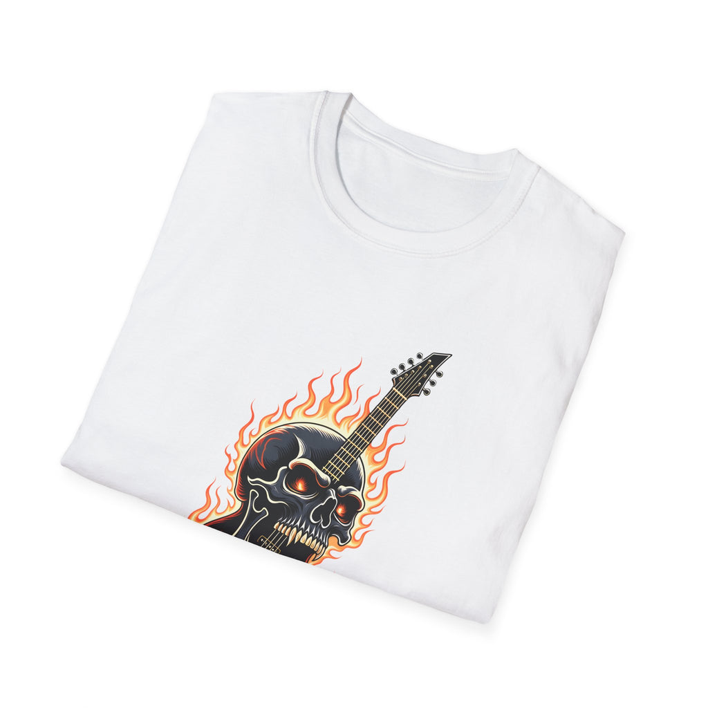 White t-shirt with a graphic design of a skull and guitar on flames, folded on a white background