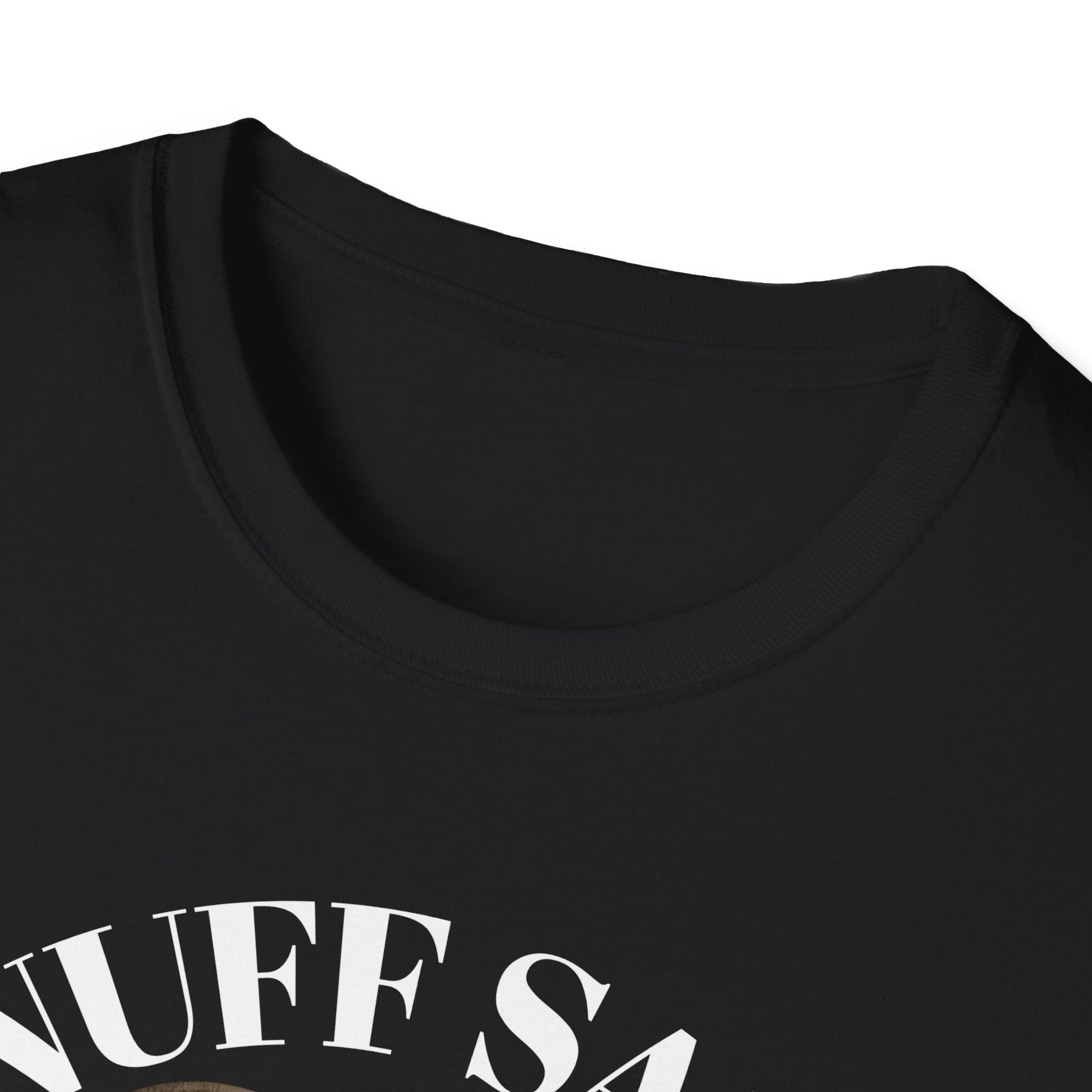 Black t-shirt with white text 'NUFF SA' on a white background
