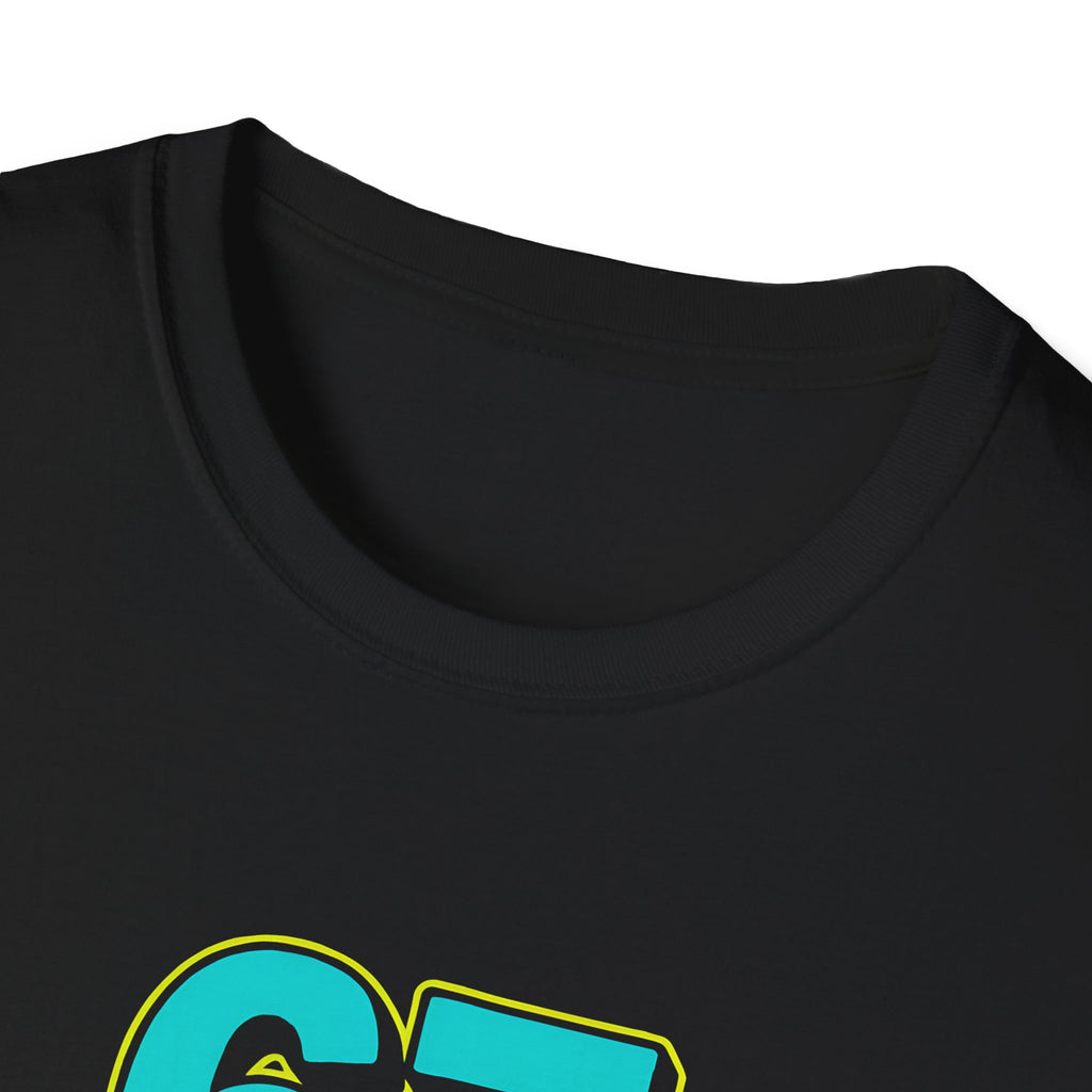 Black t-shirt with a colorful logo on a white background