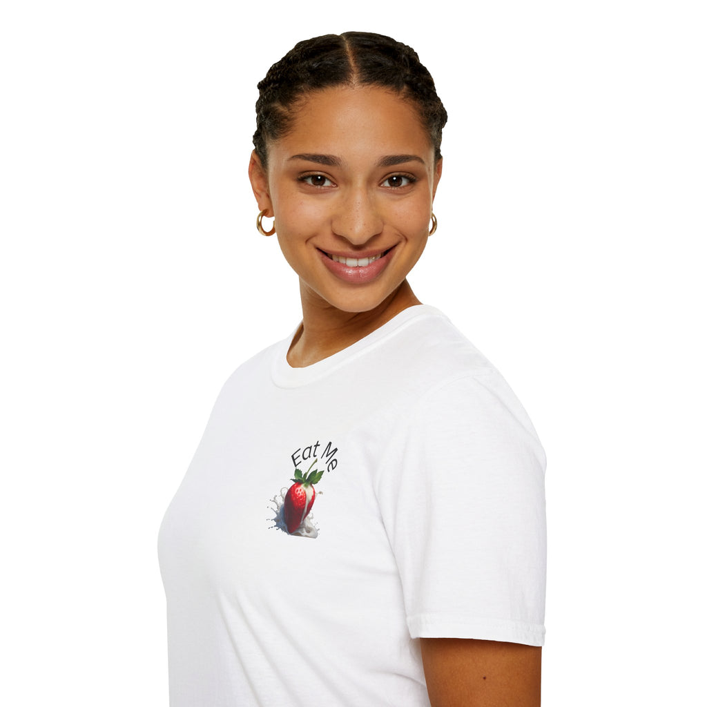 Person wearing a white t-shirt with a graphic design on a white background