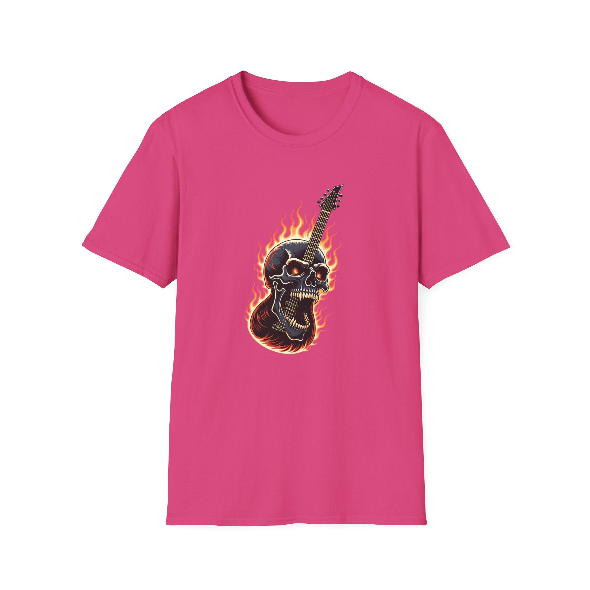 Pink t-shirt with a guitar skull design on a white background