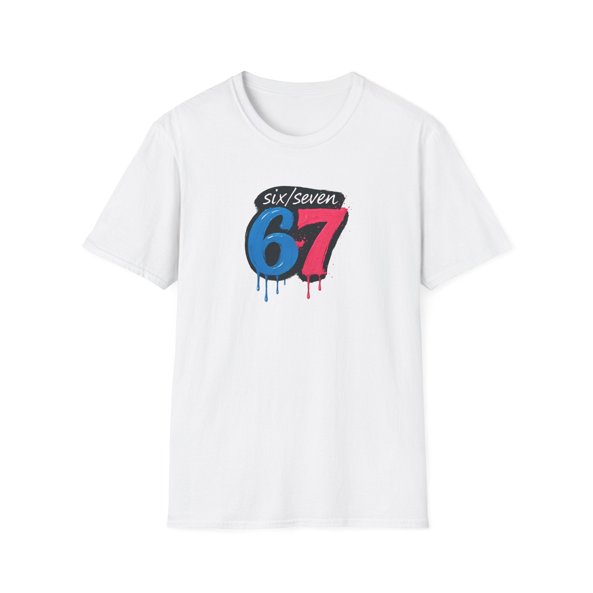 White t-shirt with 'six/seven 67' design on a white background