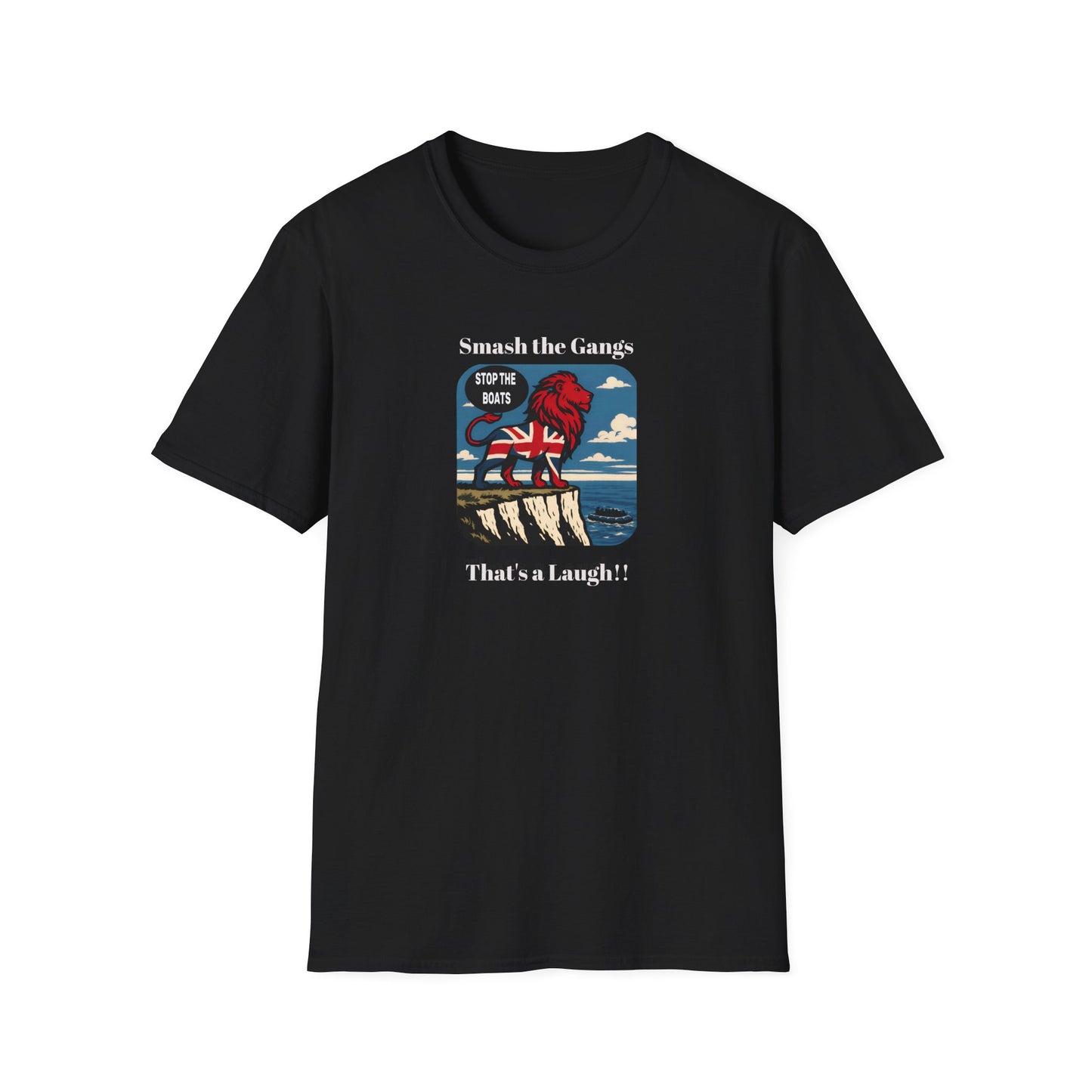 Black Political satire T-shirt featuring a bold protest illustration and the slogan “Smash the gangs, that’s a laugh!!”