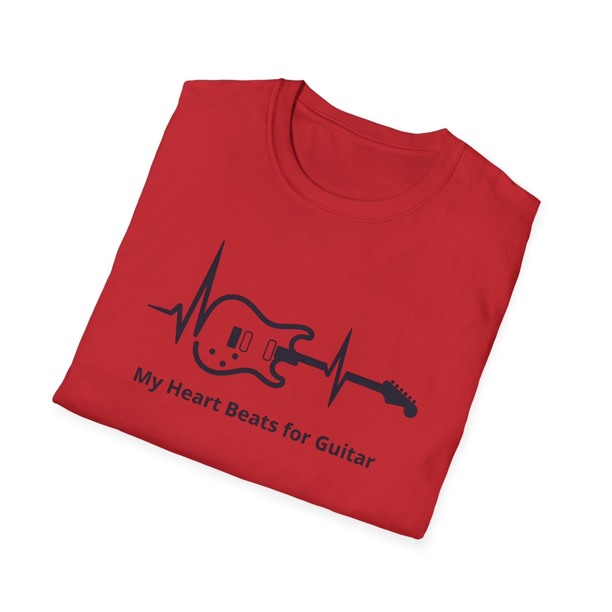 Red t-shirt with black guitar and heartbeat design on a white background