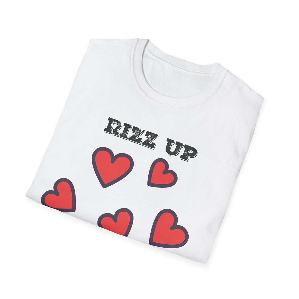 White t-shirt with red hearts and 'RIZZ UP' text on a white background