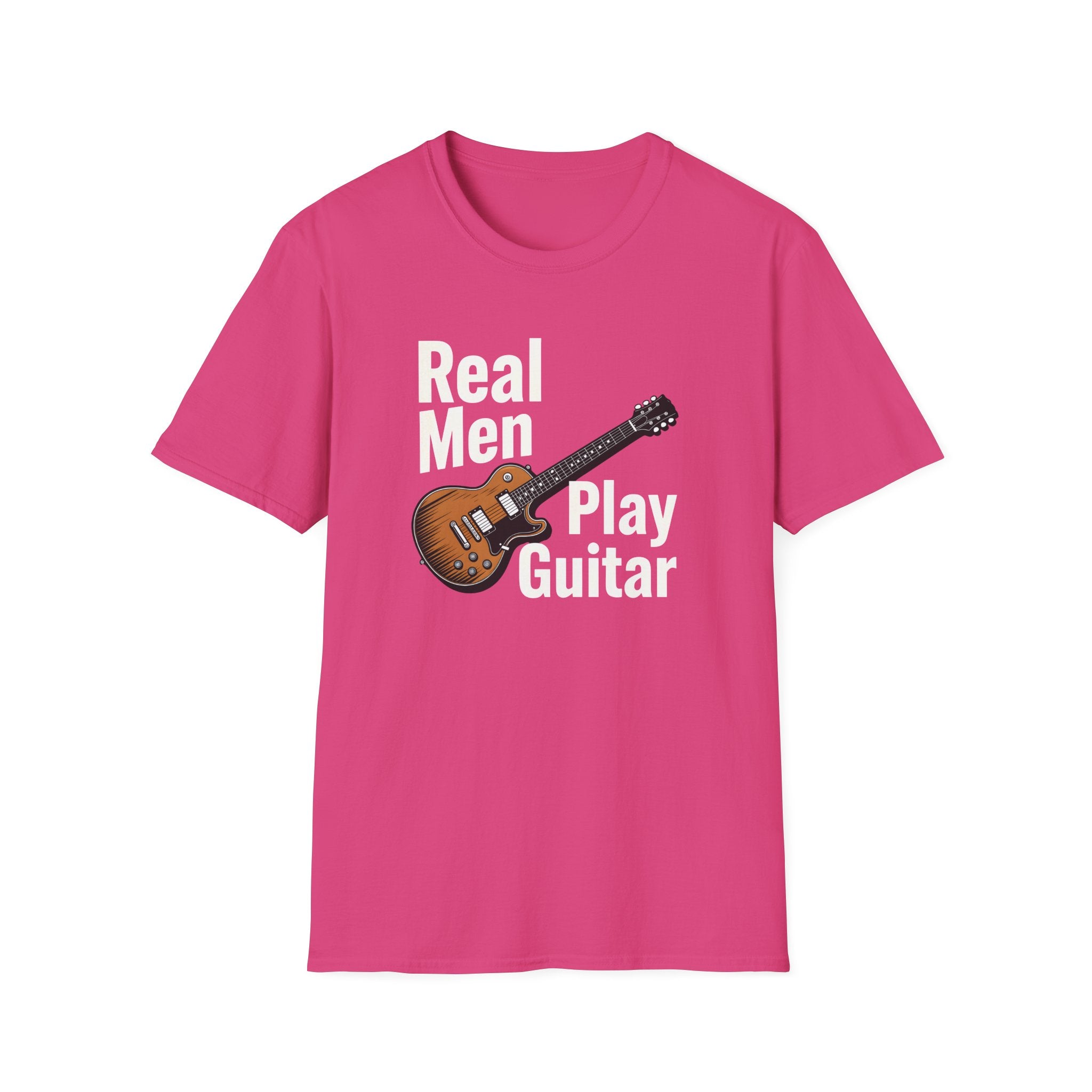 Pink t-shirt with guitar graphic and text on a white background