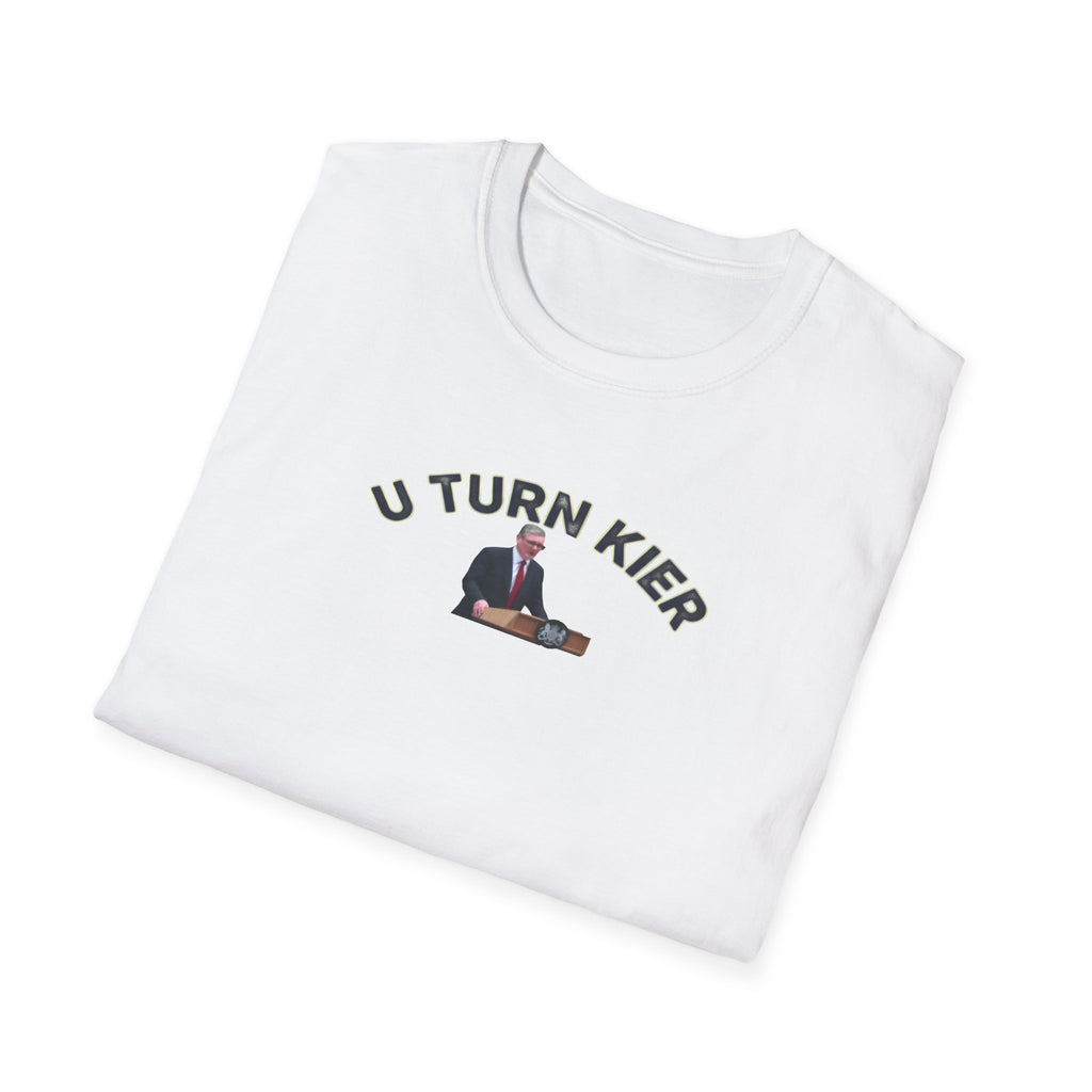 White t-shirt with 'U TURN KIER' text and graphic on a white background