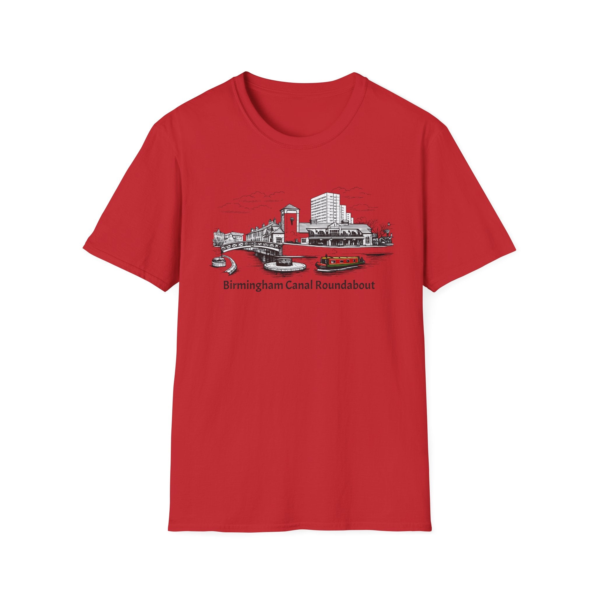 Red t-shirt with a graphic design of Birmingham Canal Roundabout on a white background