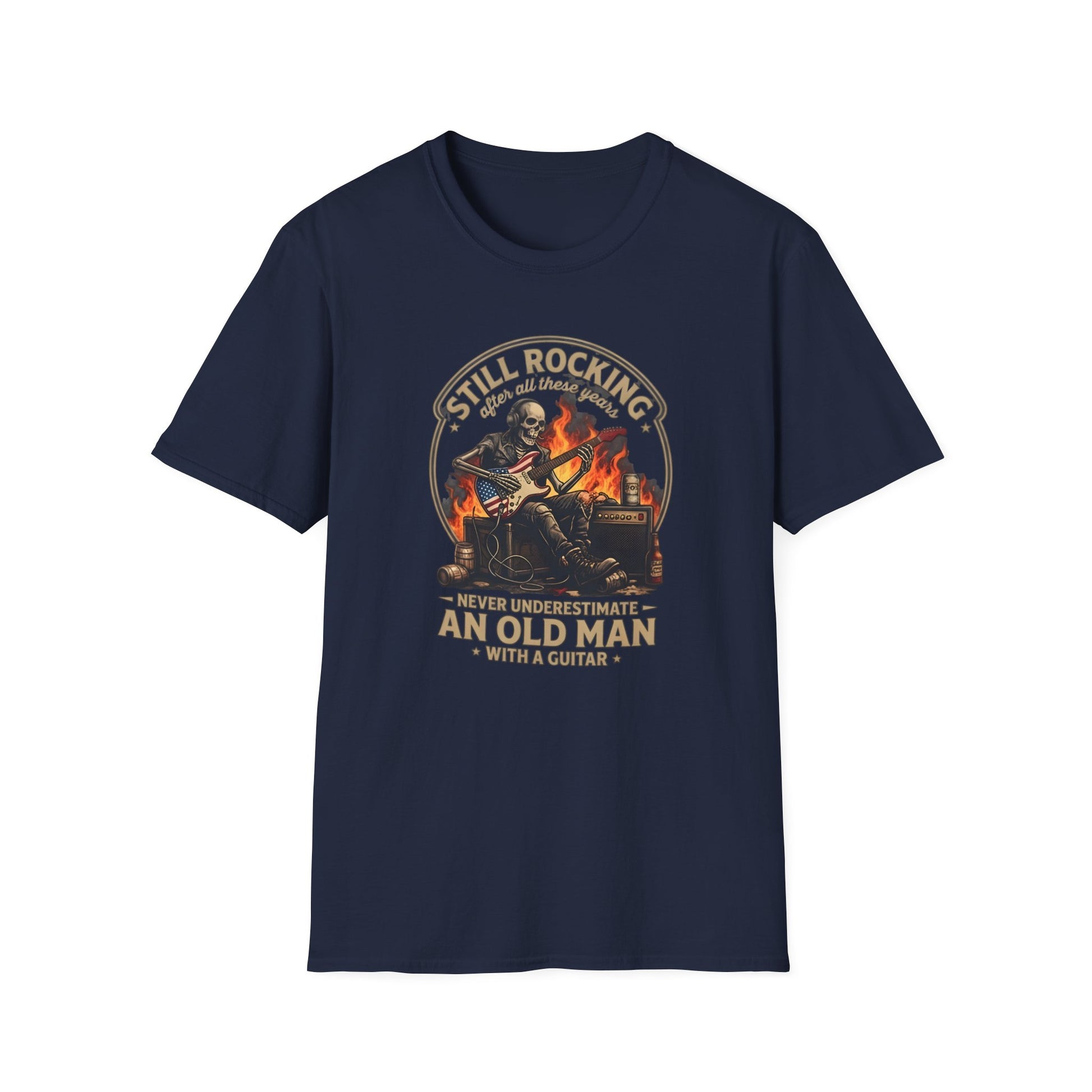 Close-up of the skeleton playing the US-flag guitar on the "Still Rocking" navy t-shirt print.
