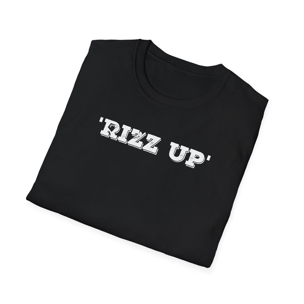 Black t-shirt with 'RIZZ UP' text on a white background