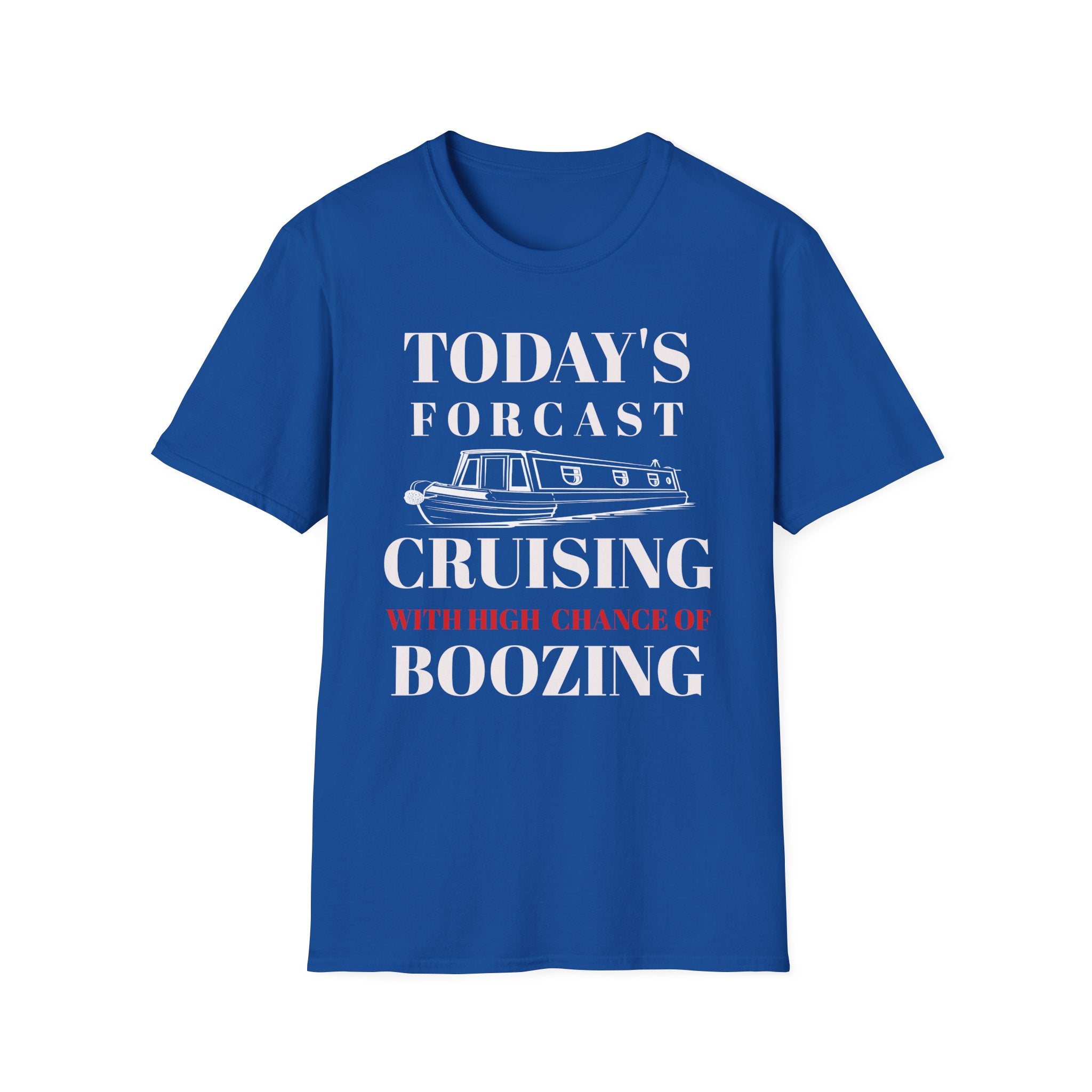 Blue t-shirt with humorous text design Person wearing a black t-shirt with humorous text design Cruising With High Chance of Boozing 
