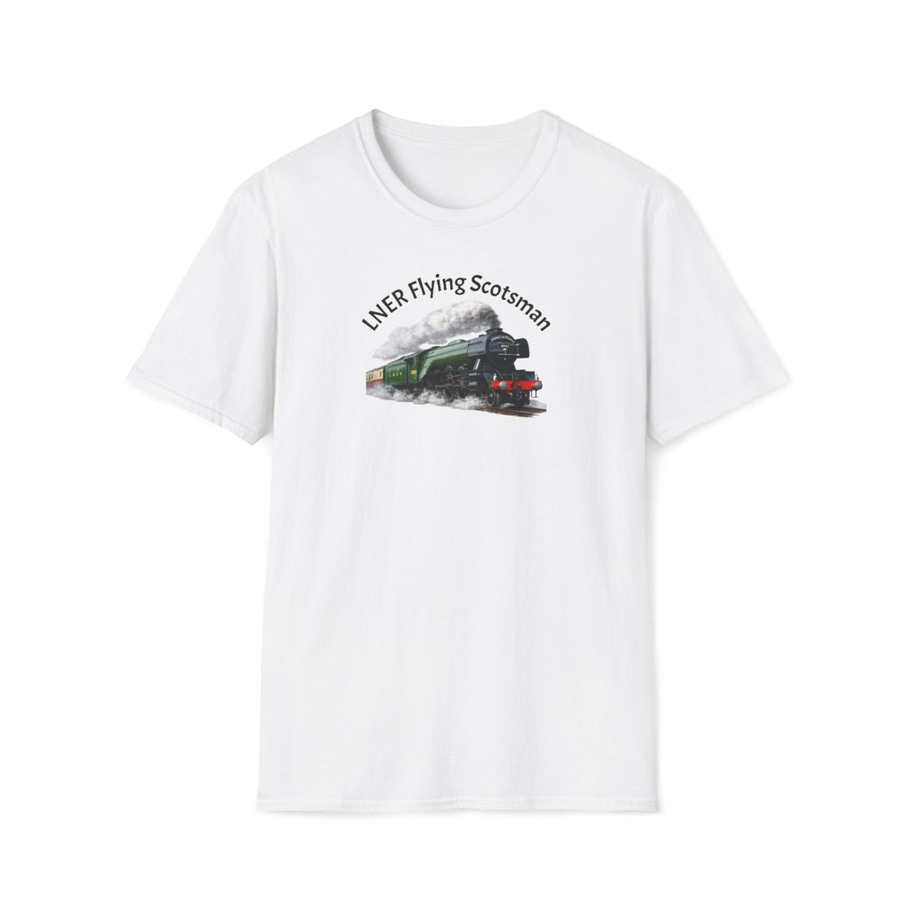 White t-shirt with a graphic 'LNER Flying Scotsman'  & text on a white background
