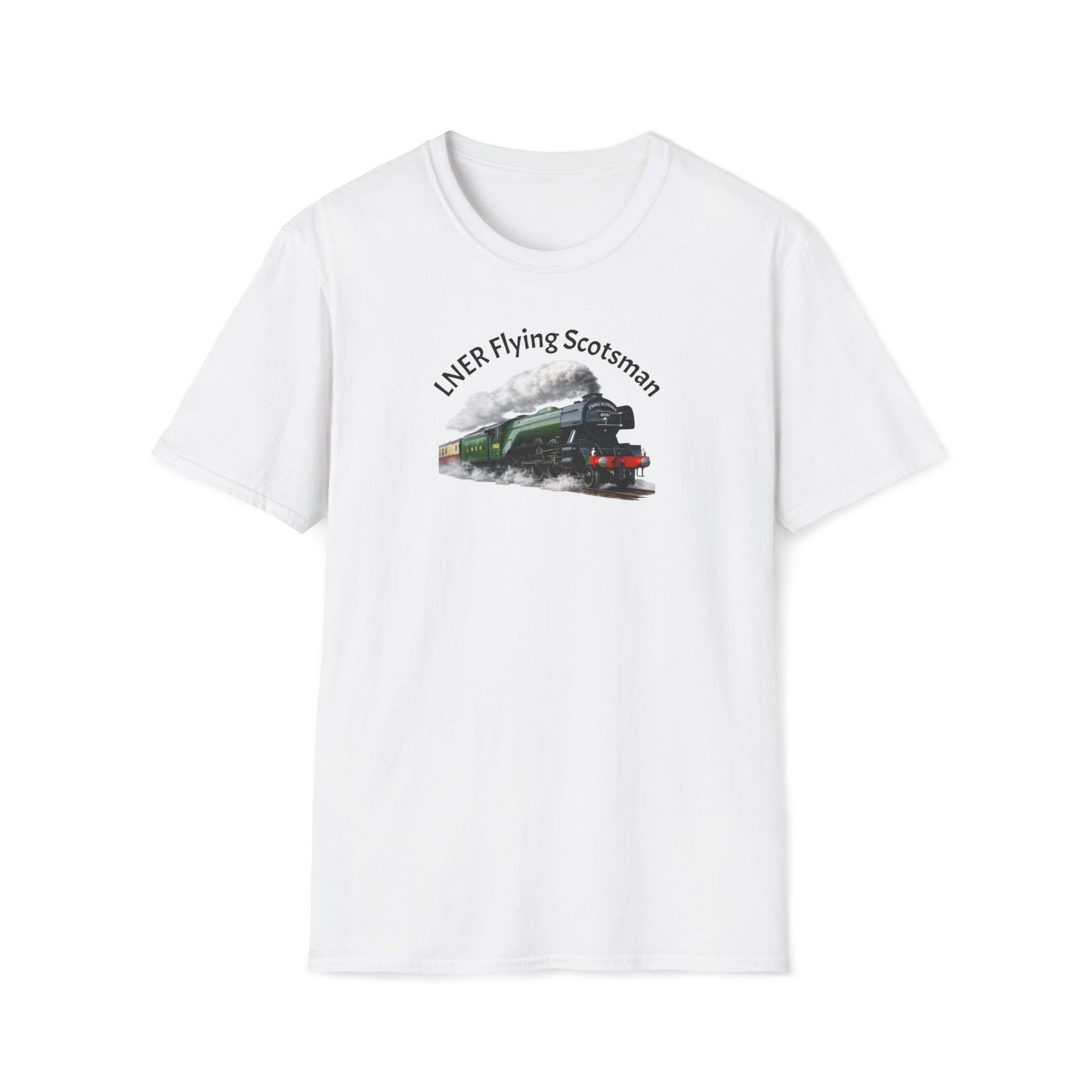 White t-shirt with a graphic 'LNER Flying Scotsman'  & text on a white background