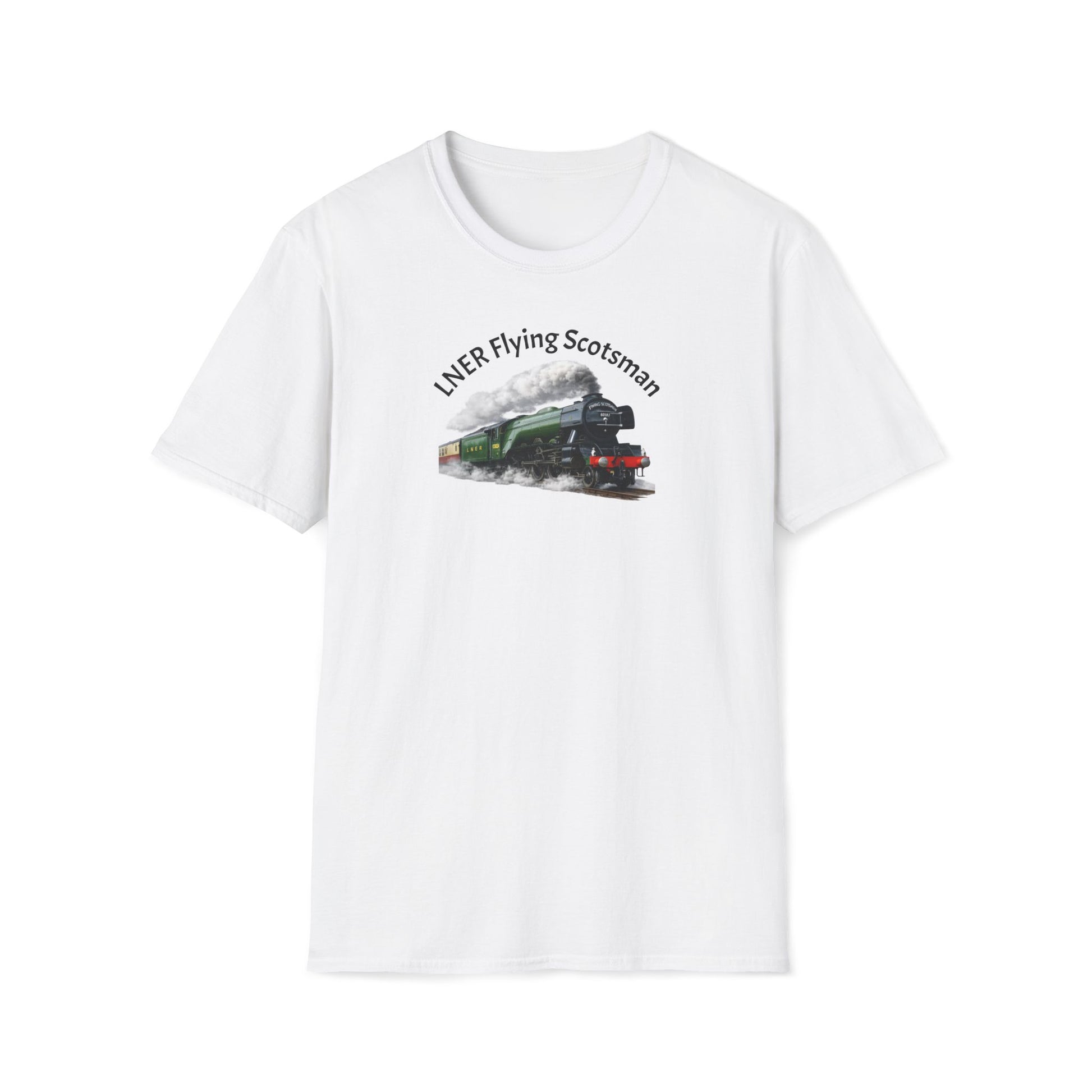 White t-shirt with a graphic 'LNER Flying Scotsman'  & text on a white background