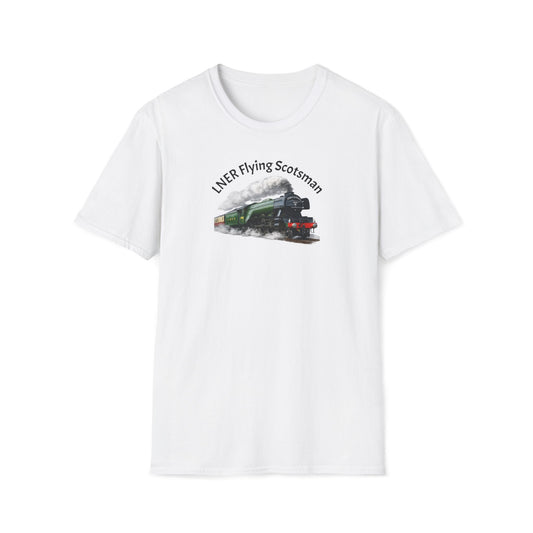 White t-shirt with a graphic 'LNER Flying Scotsman'  & text on a white background
