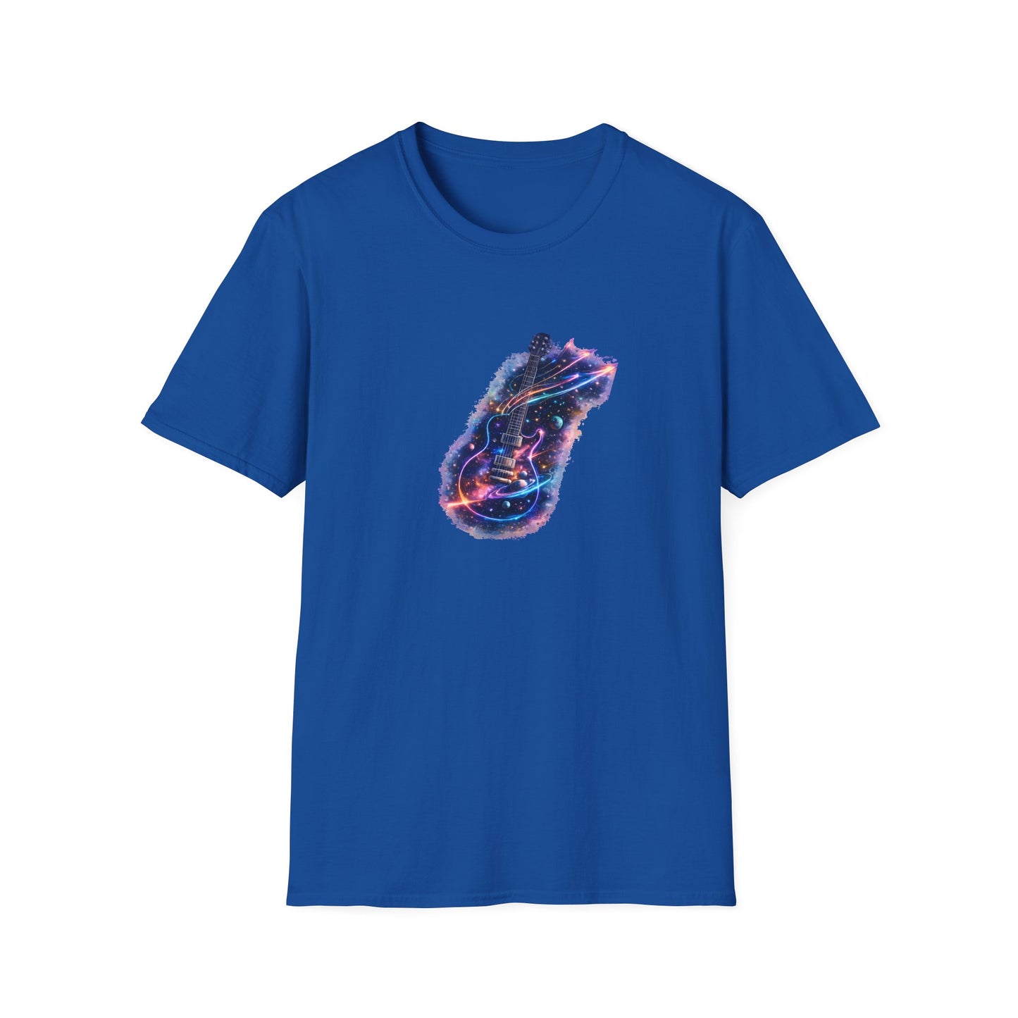 Cosmic guitar design with galaxy planets stars and neon shooting star strings for music lover t shirt
