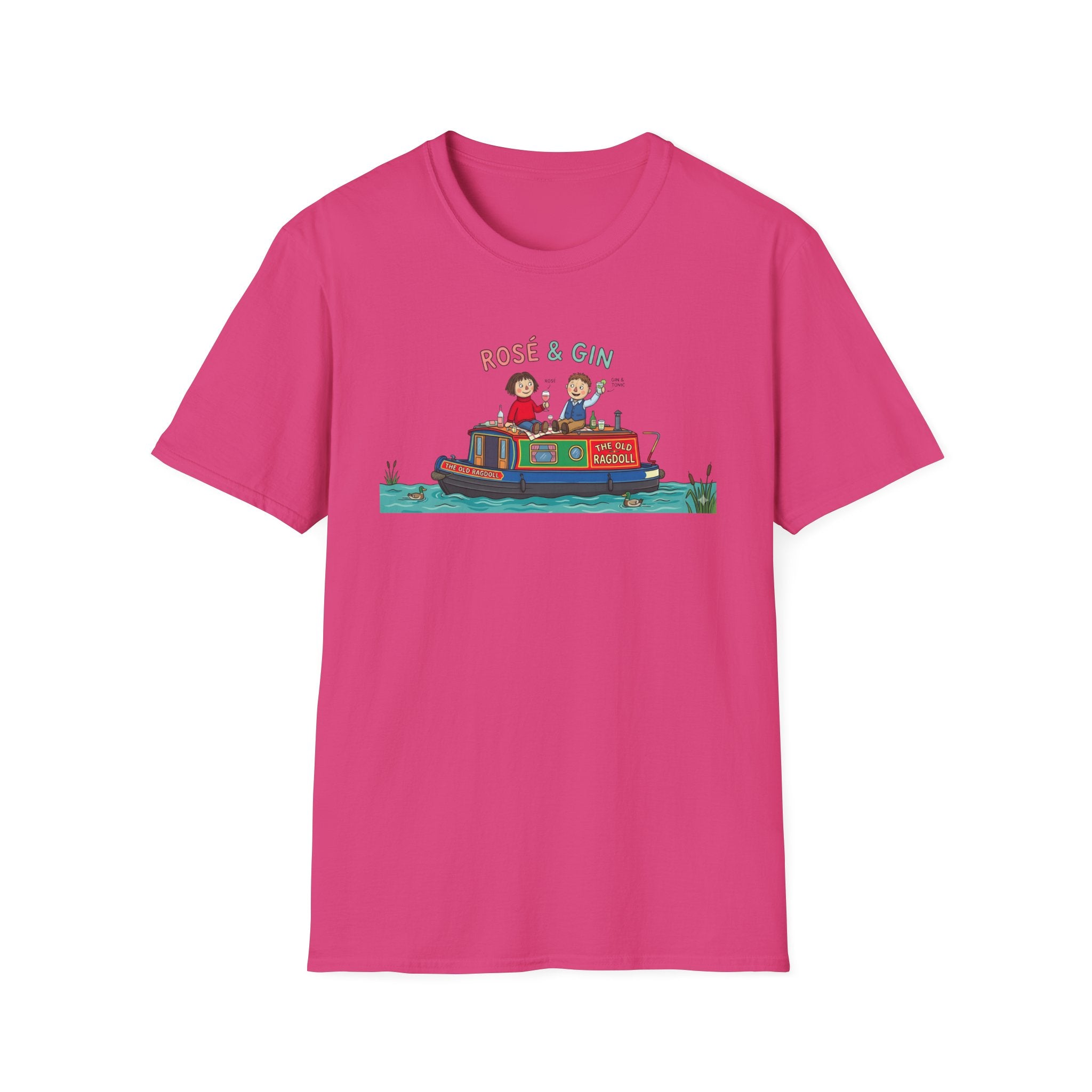 Pink t-shirt with a colorful graphic of two people on a boat and 'Rose & Gin' text on a white background.