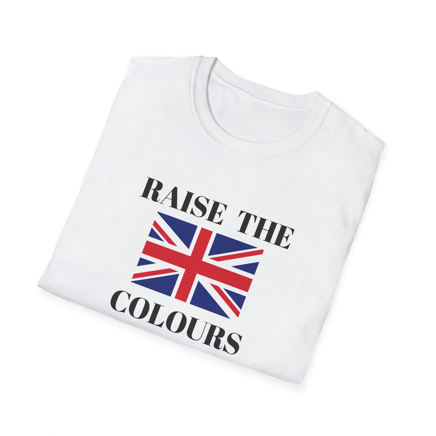 Folded White t shirt with Union Jack and raise the colours message