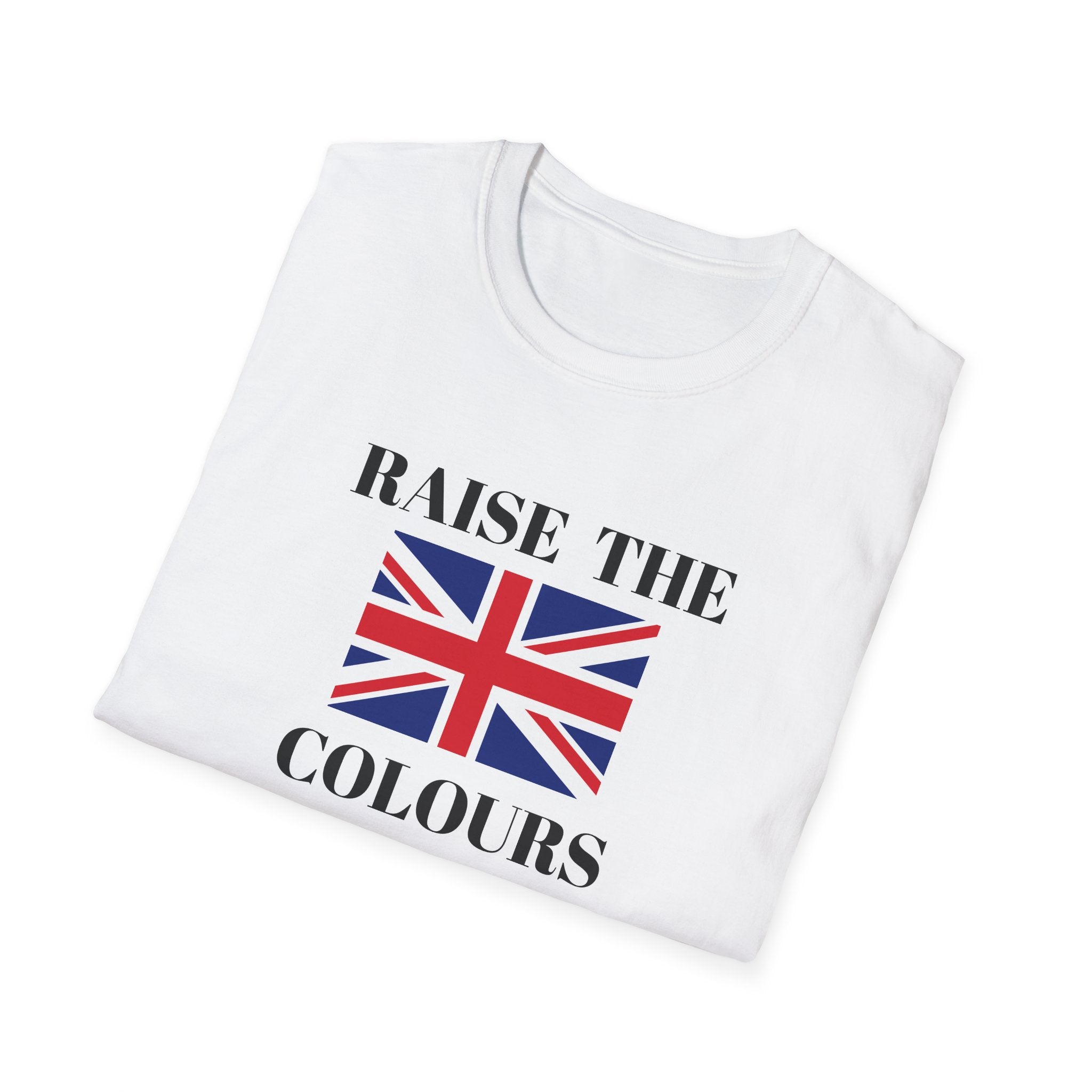 Folded White t shirt with Union Jack and raise the colours message