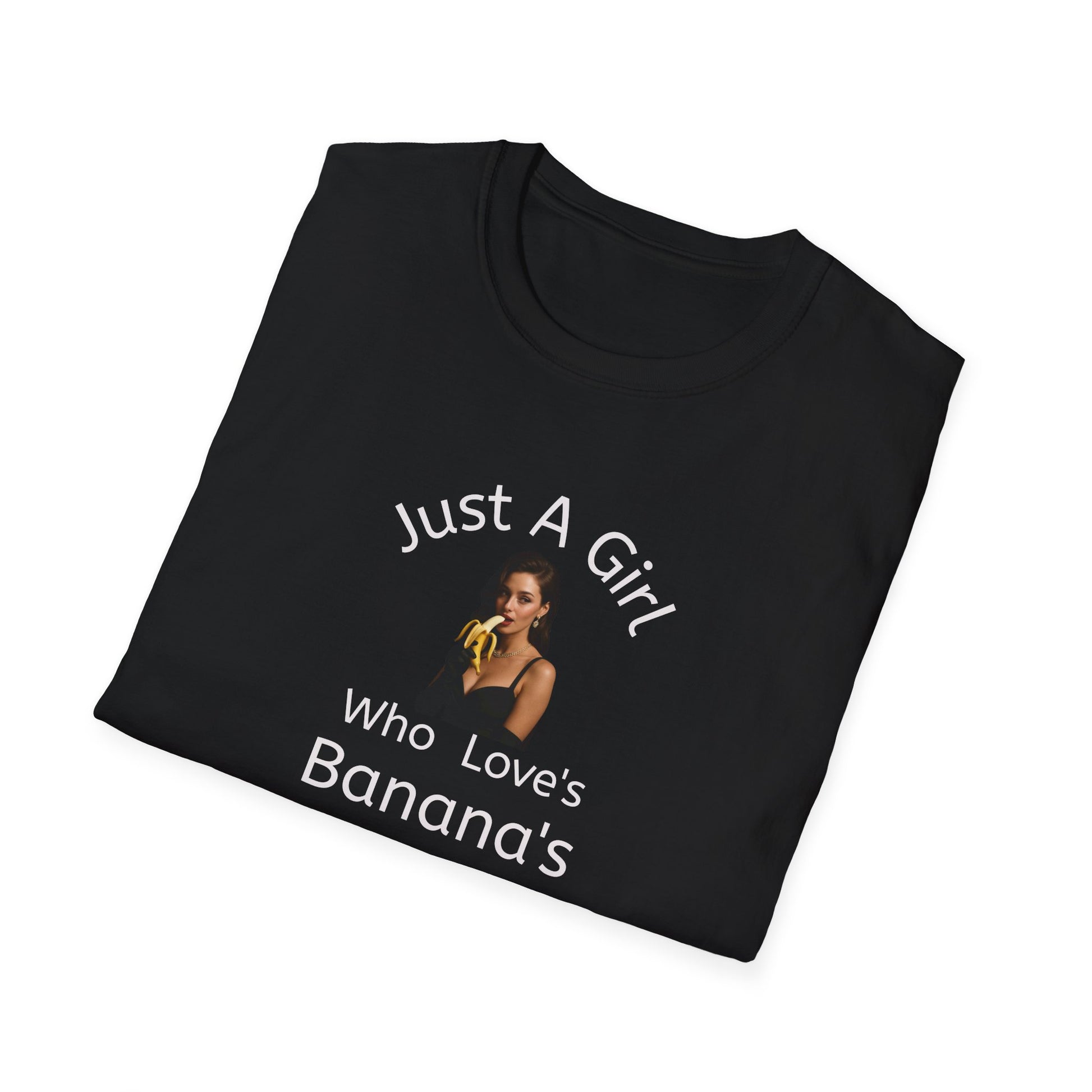 Black t-shirt with text and graphic of a girl holding bananas on a white background