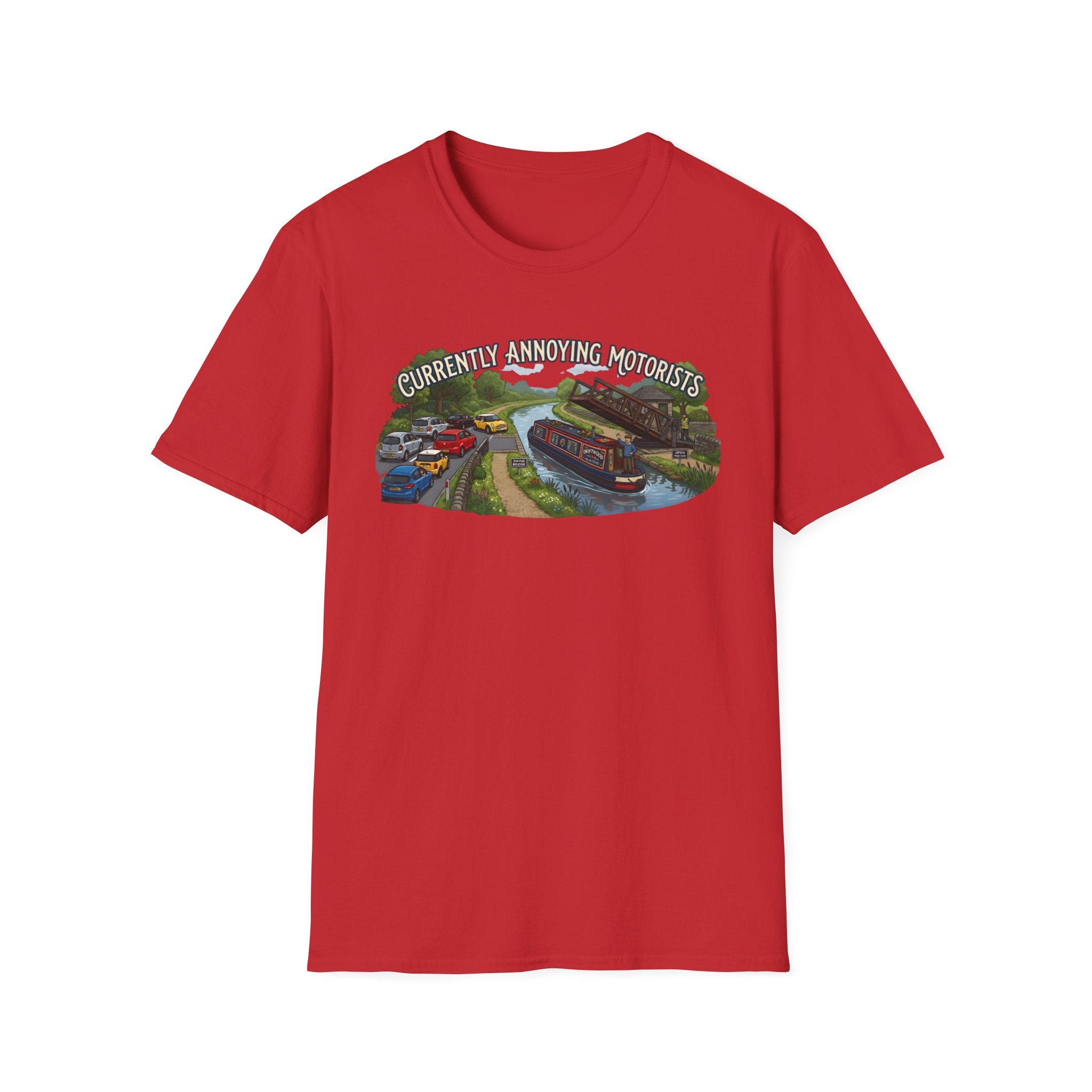 Canal Narrowboat Swing Bridge Print – “Currently Annoying Motorists” Humorous Boat T Shirt 