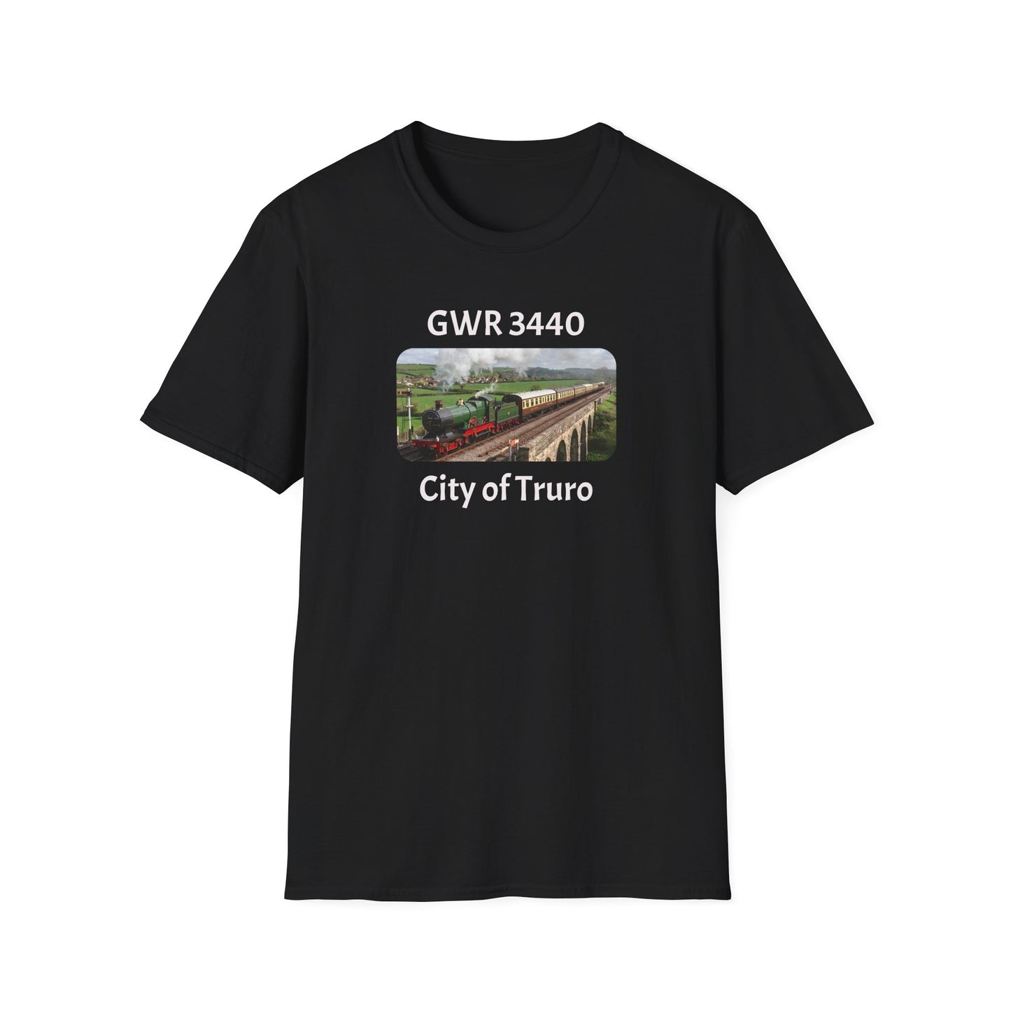 Black t-shirt with a graphic of a train and text 'GWR 3440 City of Truro' on a white background
