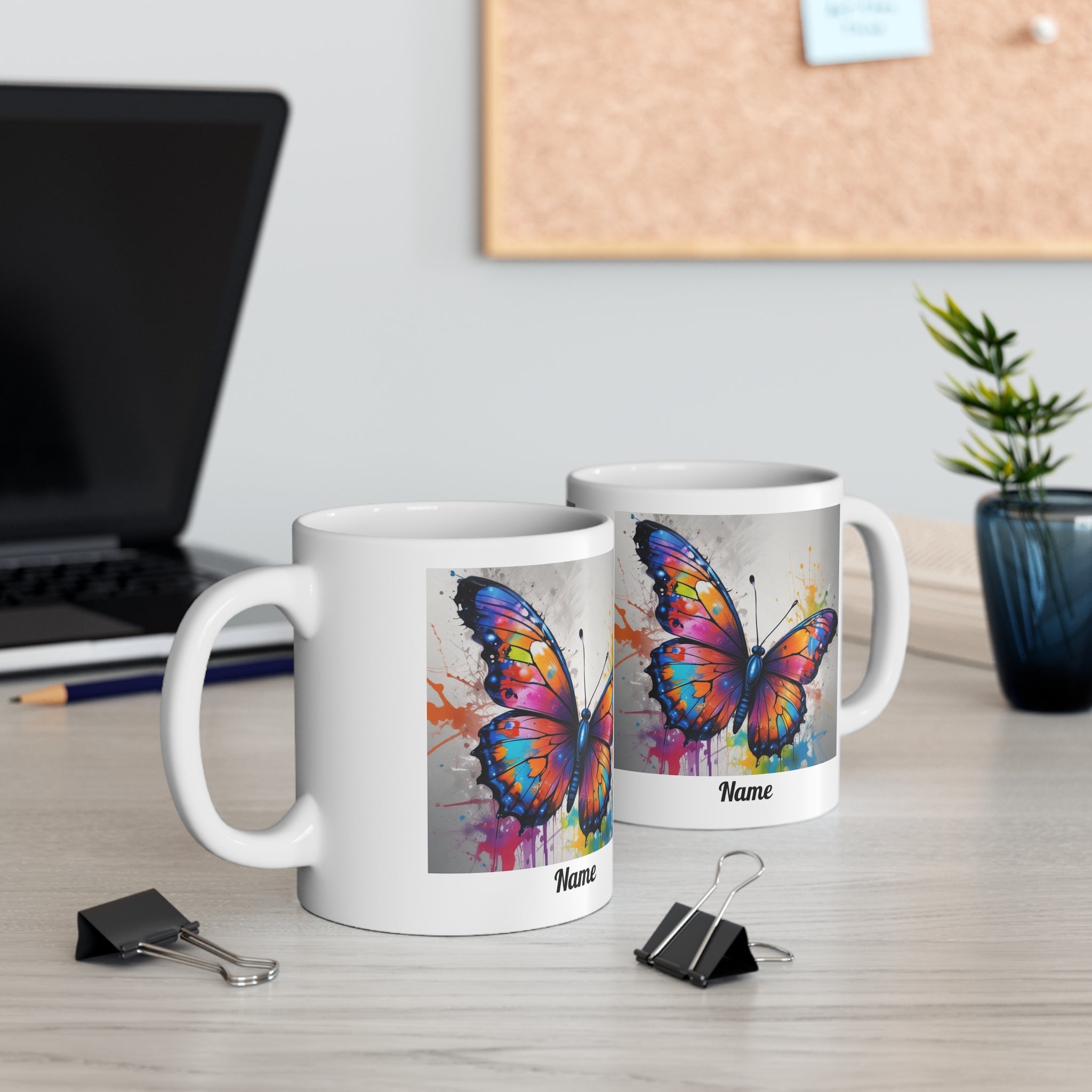 Colourful Watercolor Paint Splash Butterfly Mug — Personalised Name Coffee Cup 