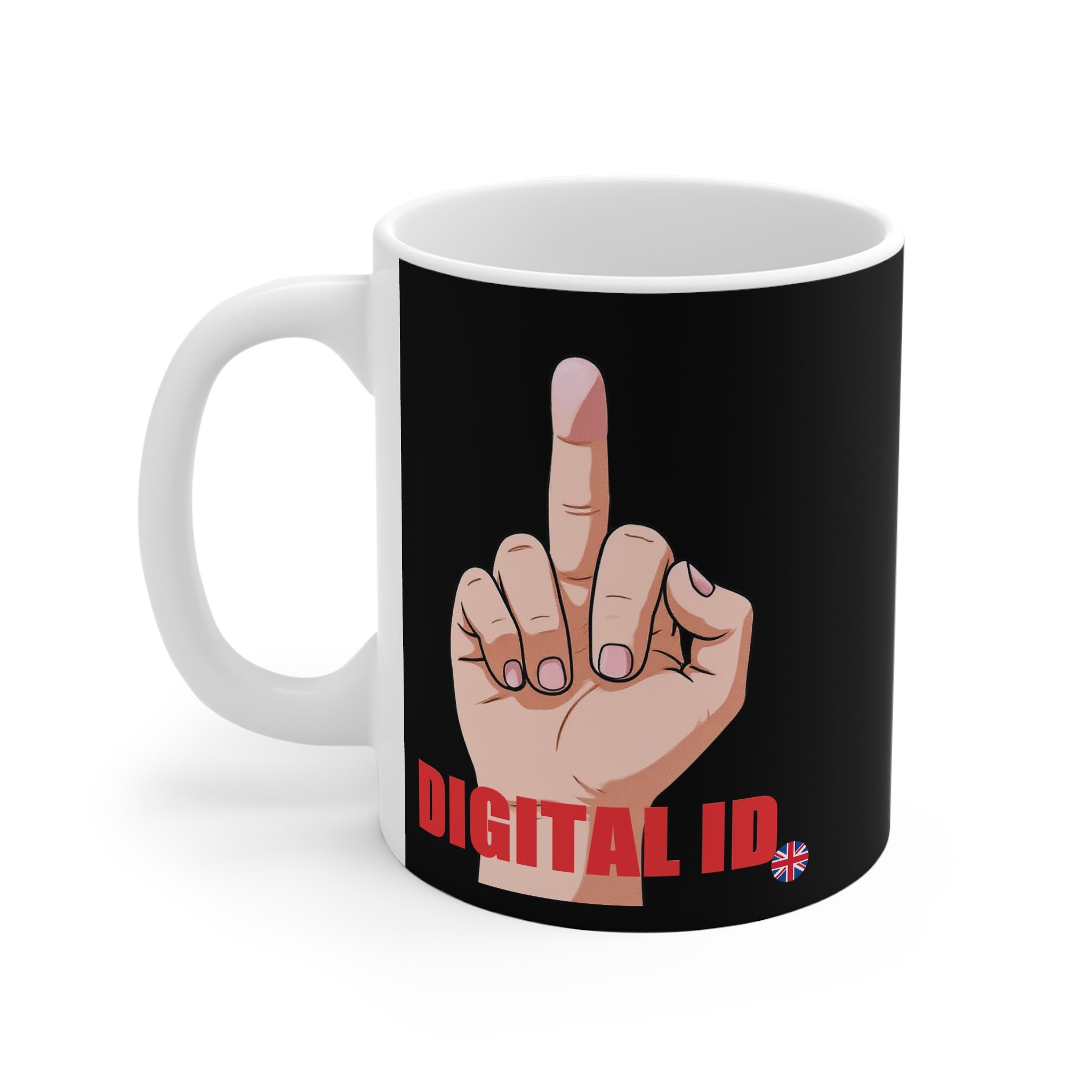 Mug with a hand making a middle finger gesture and 'DIGITAL ID' text on a black background