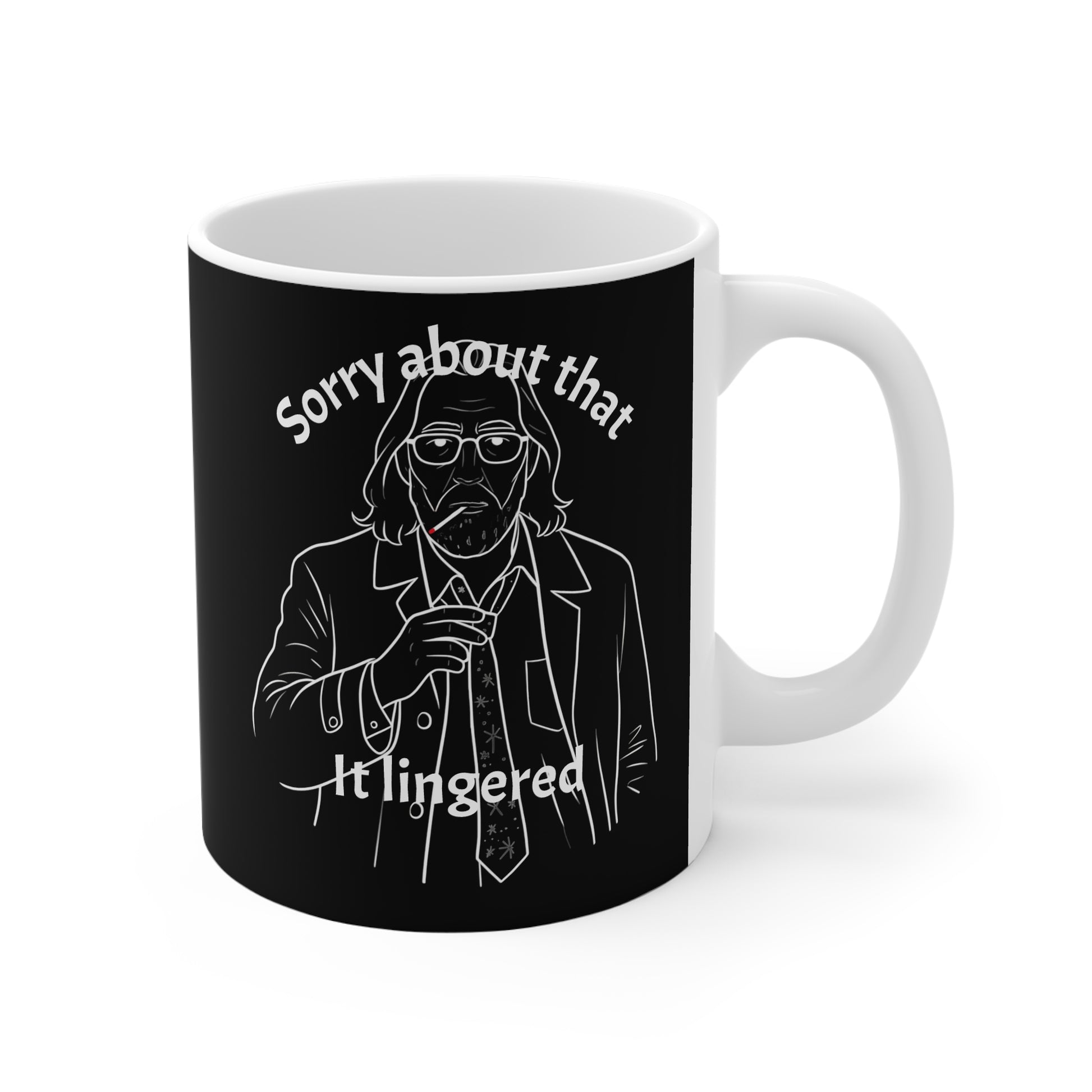 BLACK COFFEE MUG JACKSON LAMB IMAGE SLOW HORSES SORRY ABOUT THAT IT LINGERED 