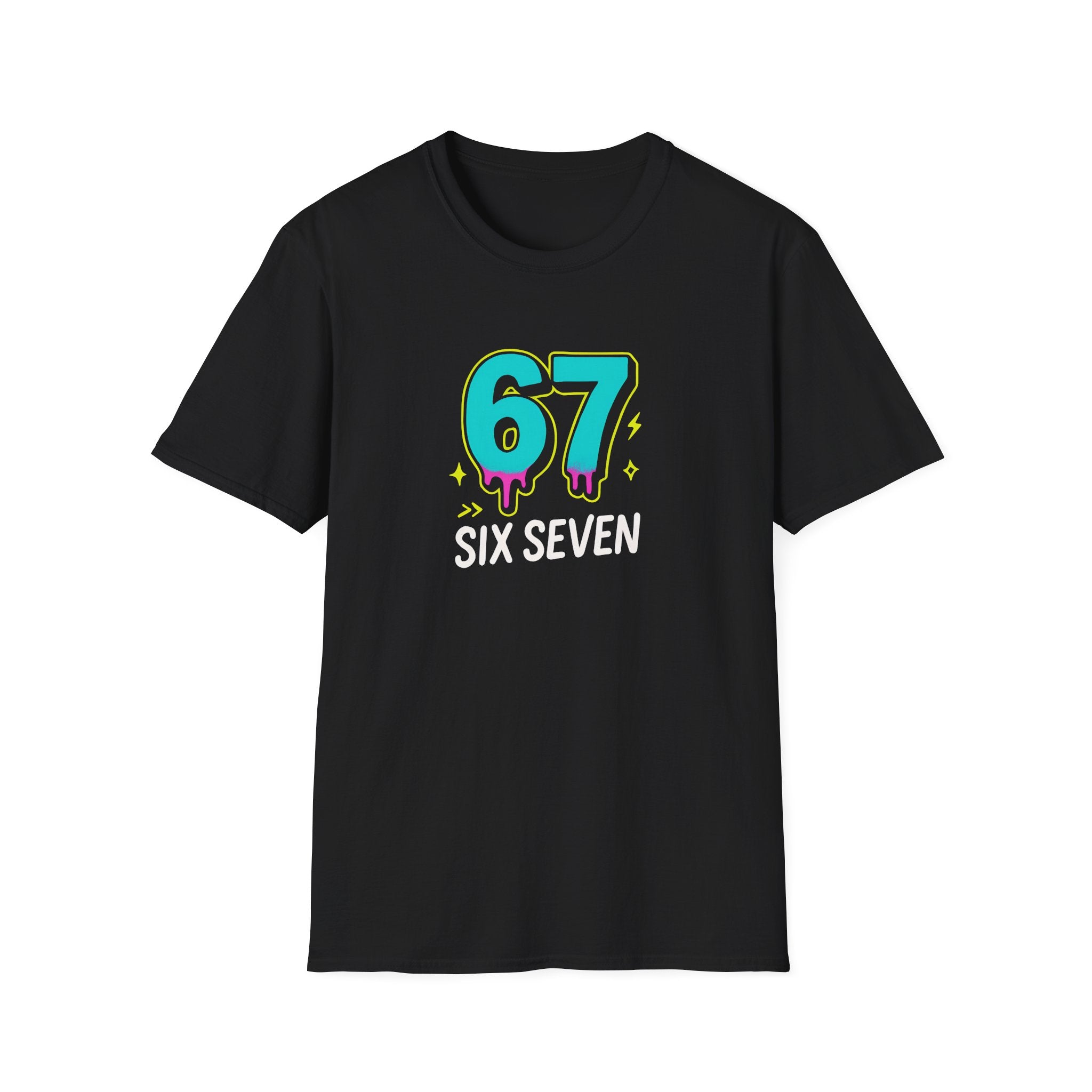 Black t-shirt with colorful '67 SIX SEVEN' design on a white background