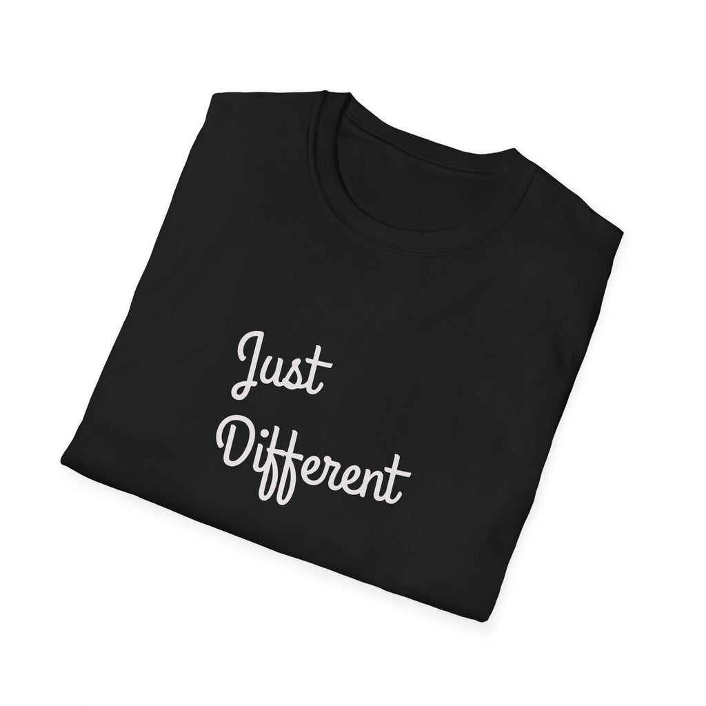 Black t-shirt with 'Just Different' text on a white background