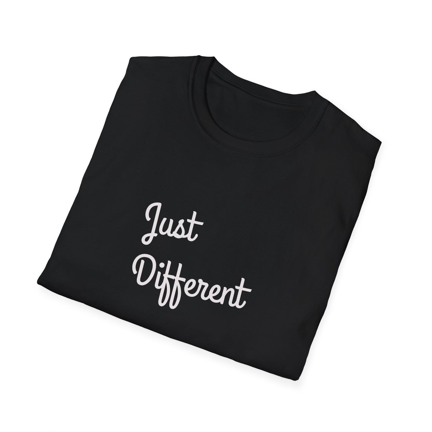 Black t-shirt with 'Just Different' text on a white background