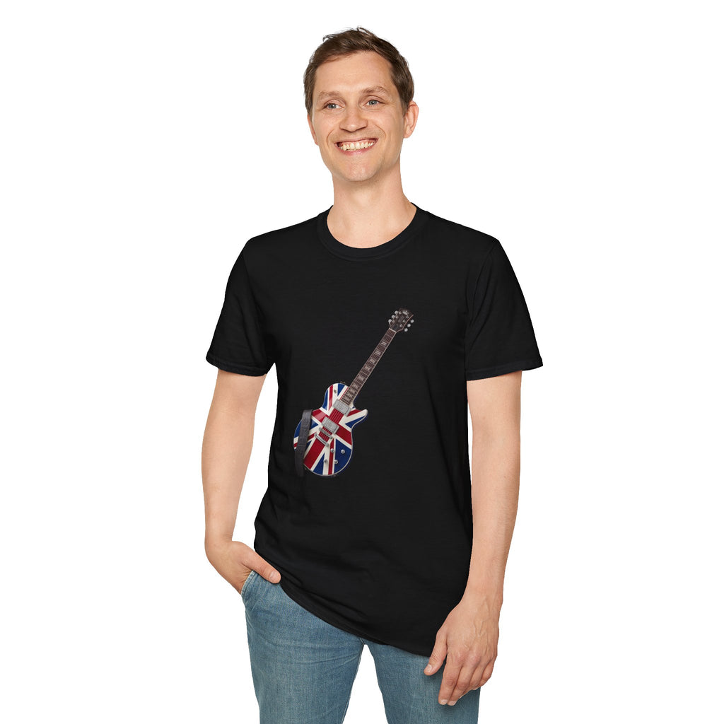 Person wearing a black t-shirt with a guitar design featuring the British flag on a white background