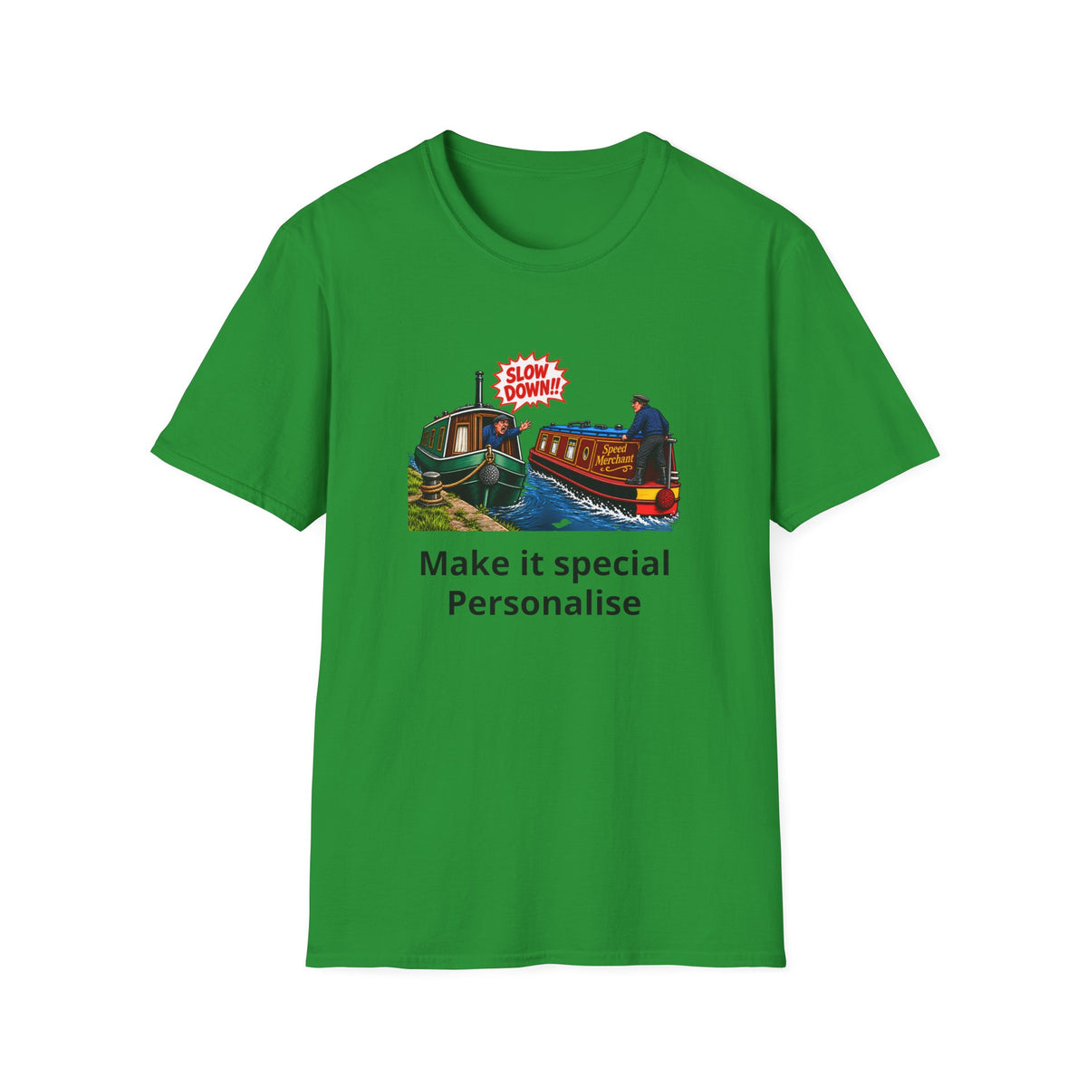 A bright green short-sleeve t-shirt with a central graphic of a canal boat and the text 'Make it special Personalise'.