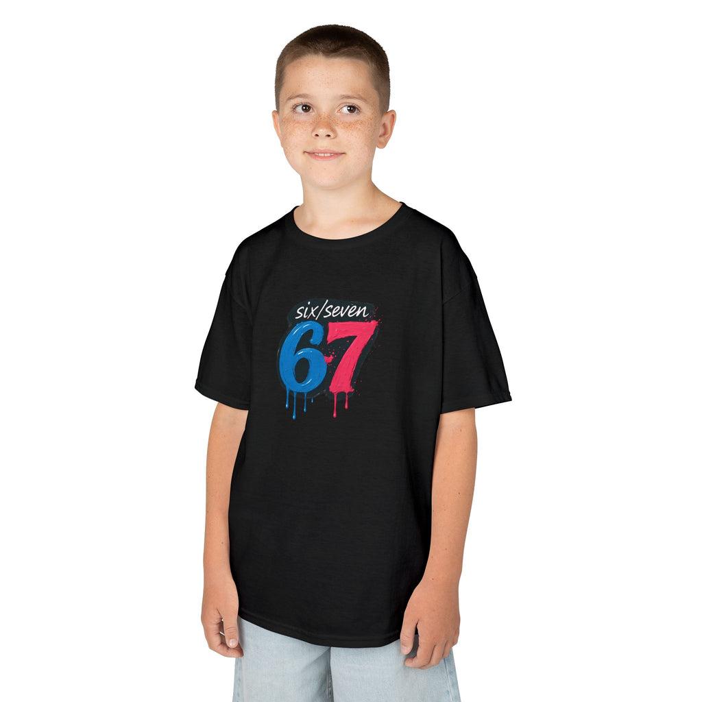 Child wearing a black t-shirt with 'six/seven 67' design on a white background