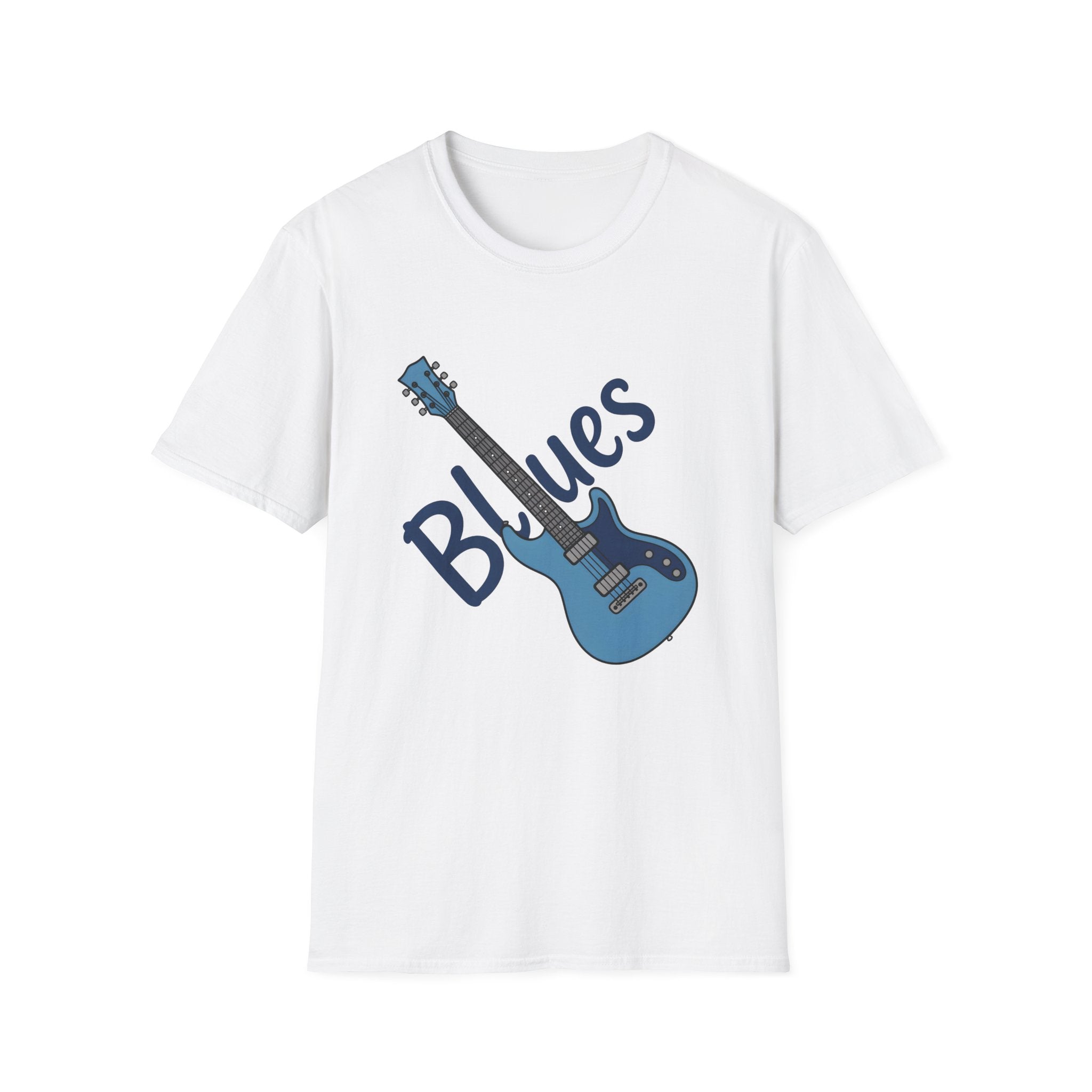 White t-shirt with blue guitar graphic and 'Blues' text on a white background