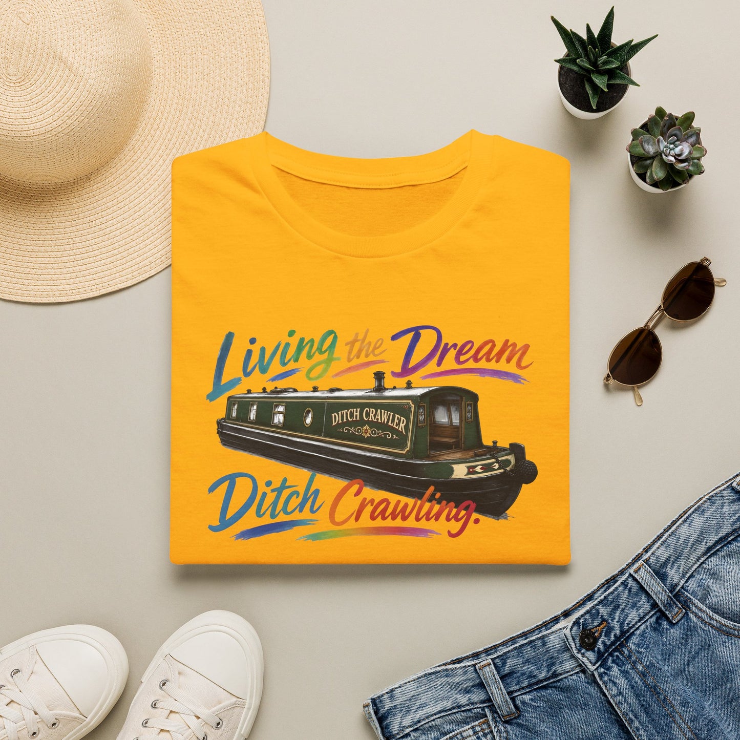 Living the Dream — Ditch Crawling Narrowboat T-Shirt Personalise Option 