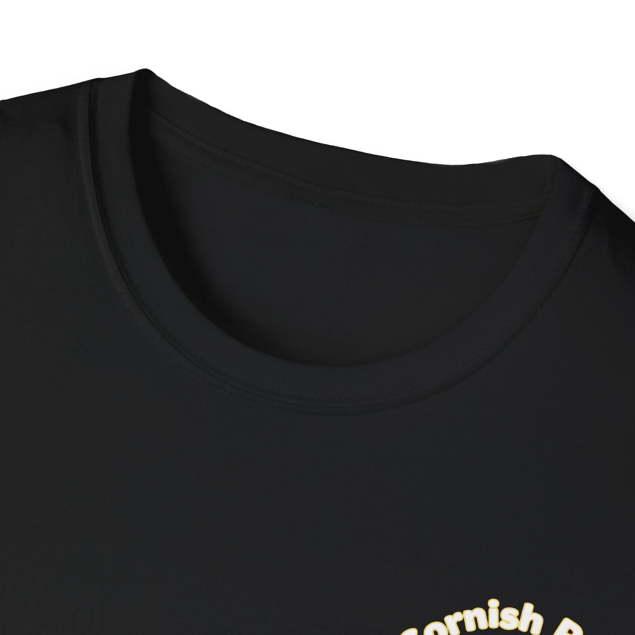 Close-up of a black t-shirt with text on a white background