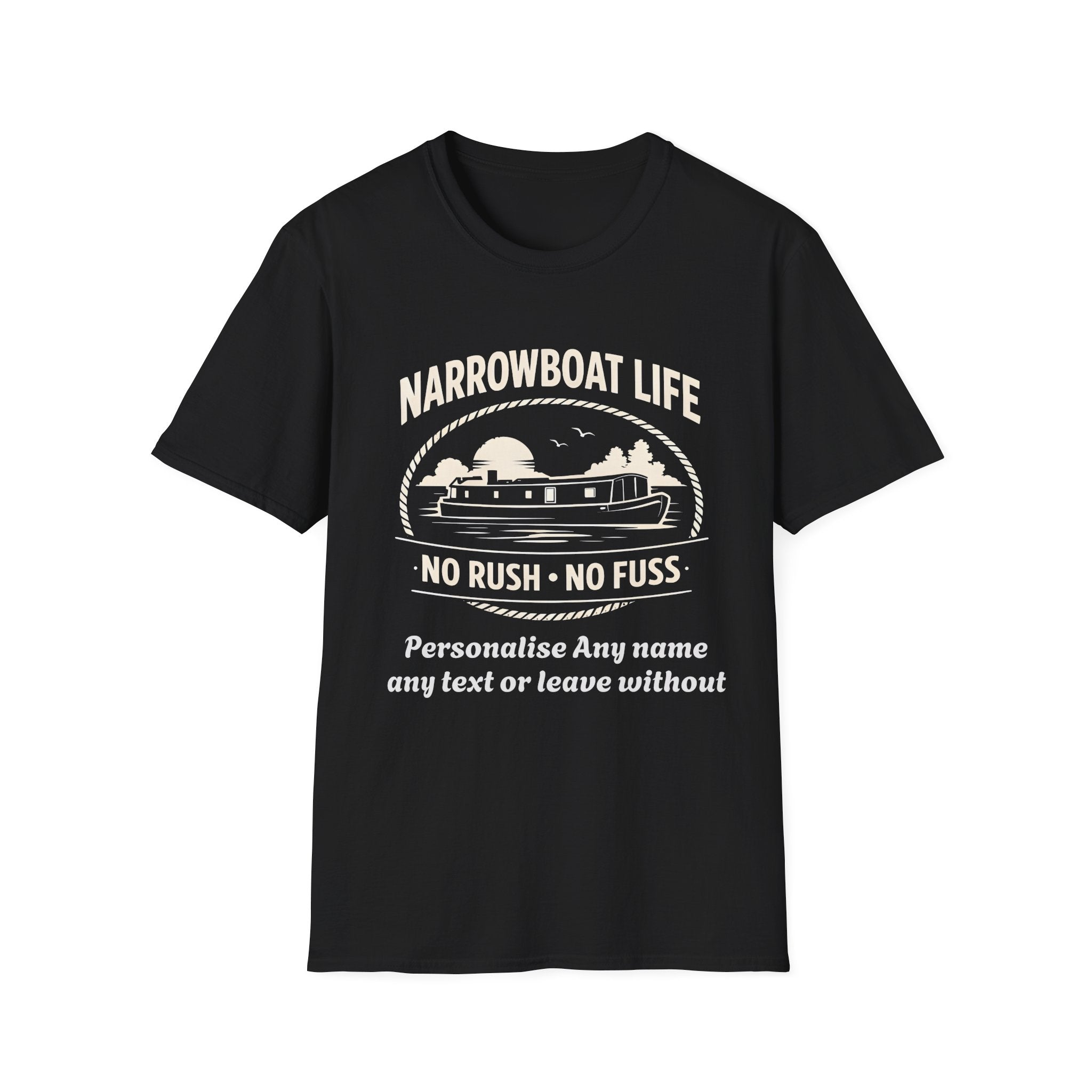 Narrowboat Life T-Shirt – 'No Rush • No Fuss' Canal Boat Tee Printify